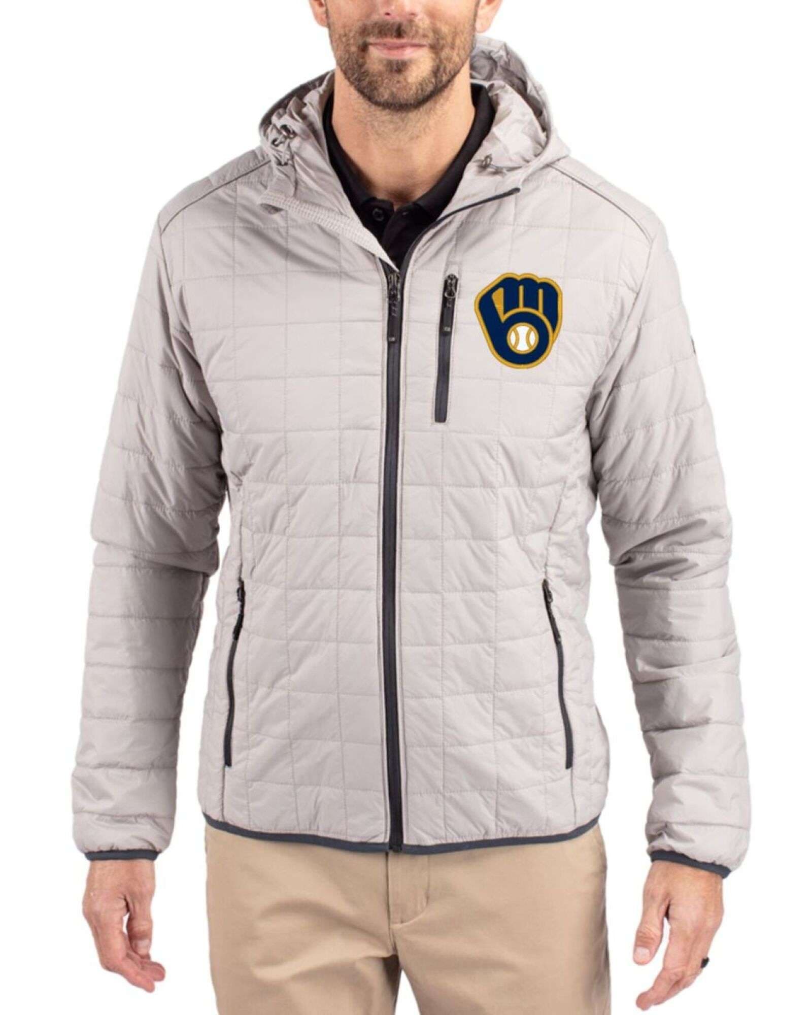 Men's Milwaukee Brewers Cutter & Buck Polished Rainier Insulated Puffer Full Zip Hooded Jacket