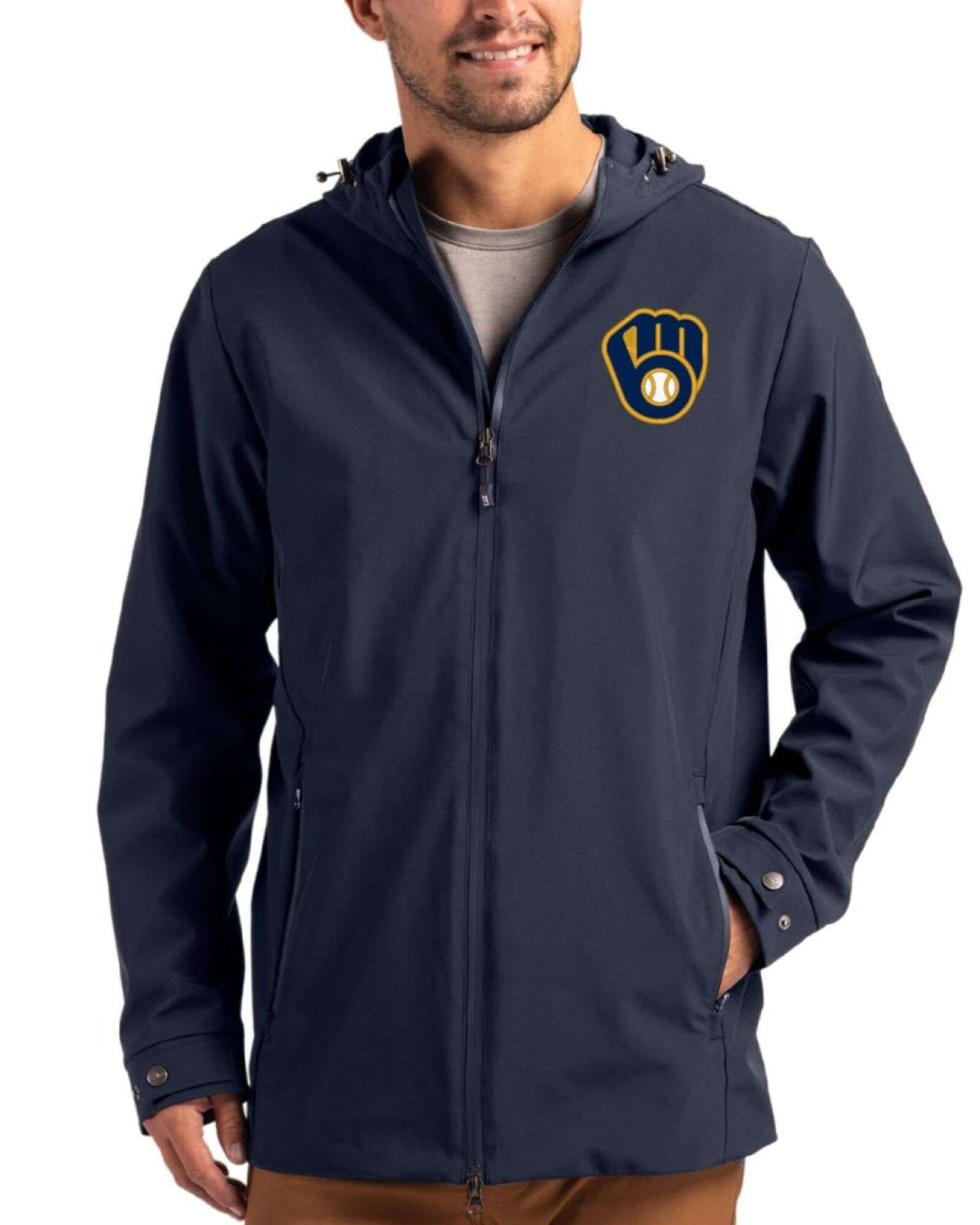 Men's Milwaukee Brewers Cutter & Buck Navy Blue Camano Everyday Stretch Water Resistant Full Zip Jacket