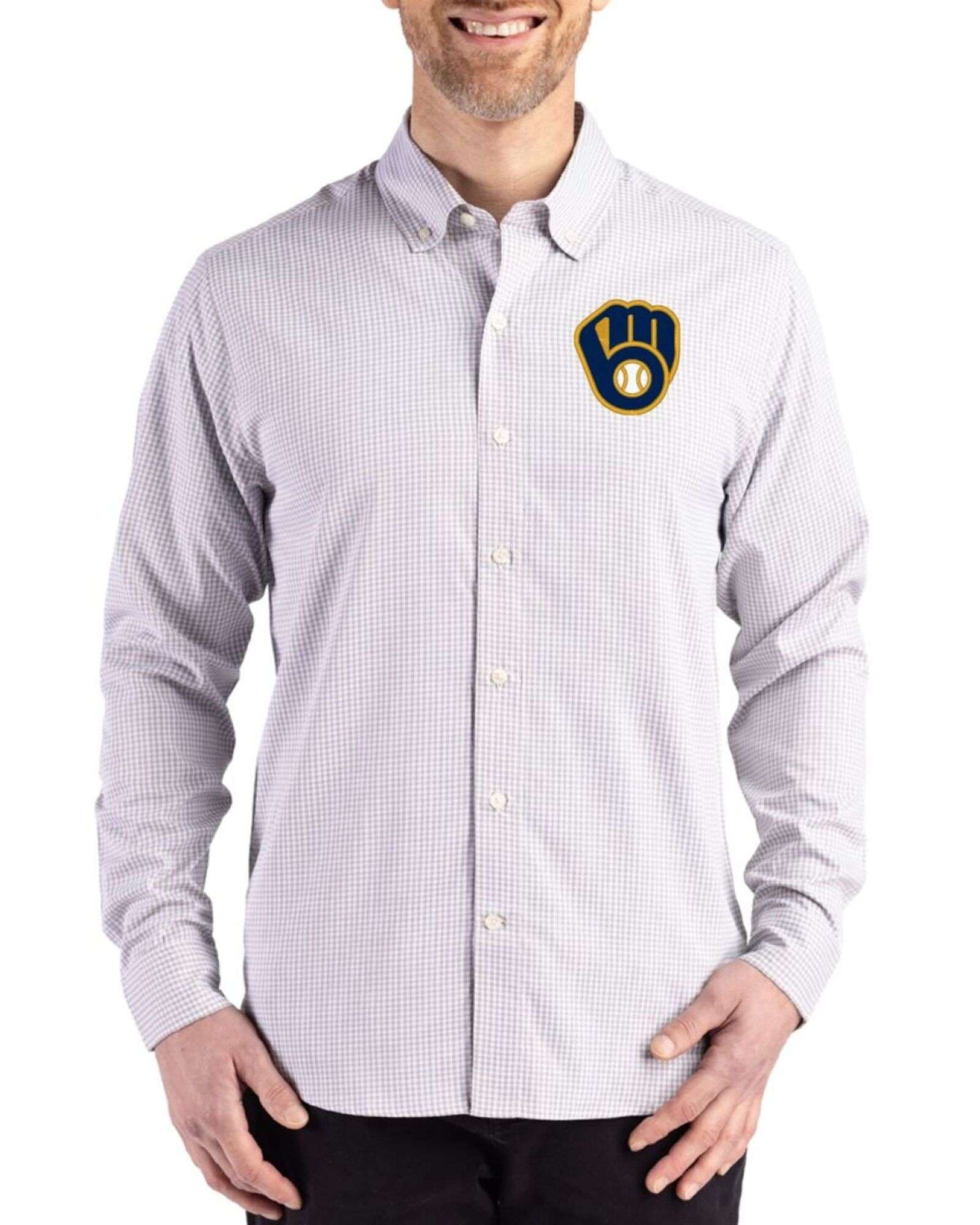 Men's Milwaukee Brewers Cutter & Buck Concrete/White Skyline Gingham Long Sleeve Button Down Dress Shirt
