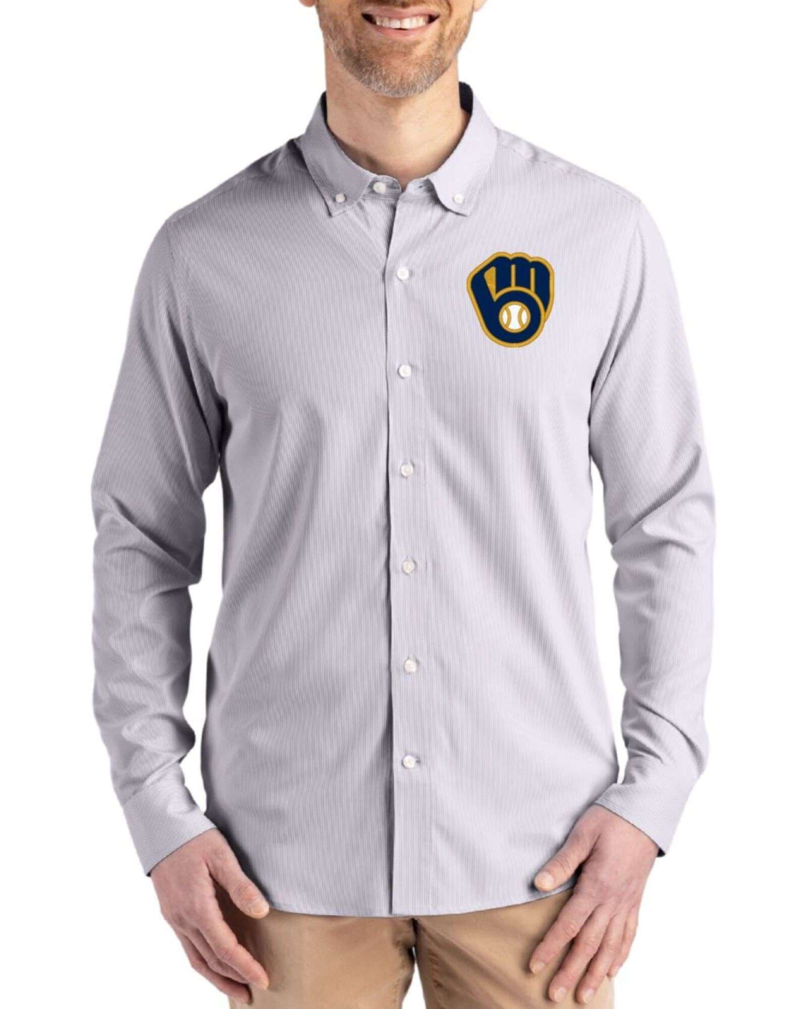 Men's Milwaukee Brewers Cutter & Buck Elemental Grey/White Skyline Pinstripe Long Sleeve Button Down Dress Shirt