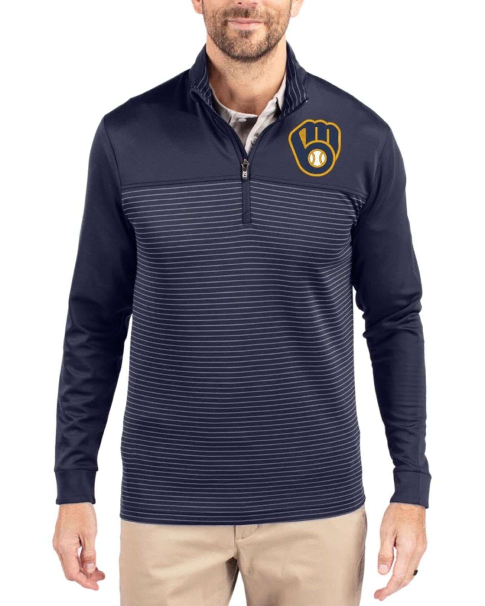 Men's Milwaukee Brewers Cutter & Buck Liberty Navy Traverse Stretch Stripe Big & Tall Quarter Zip