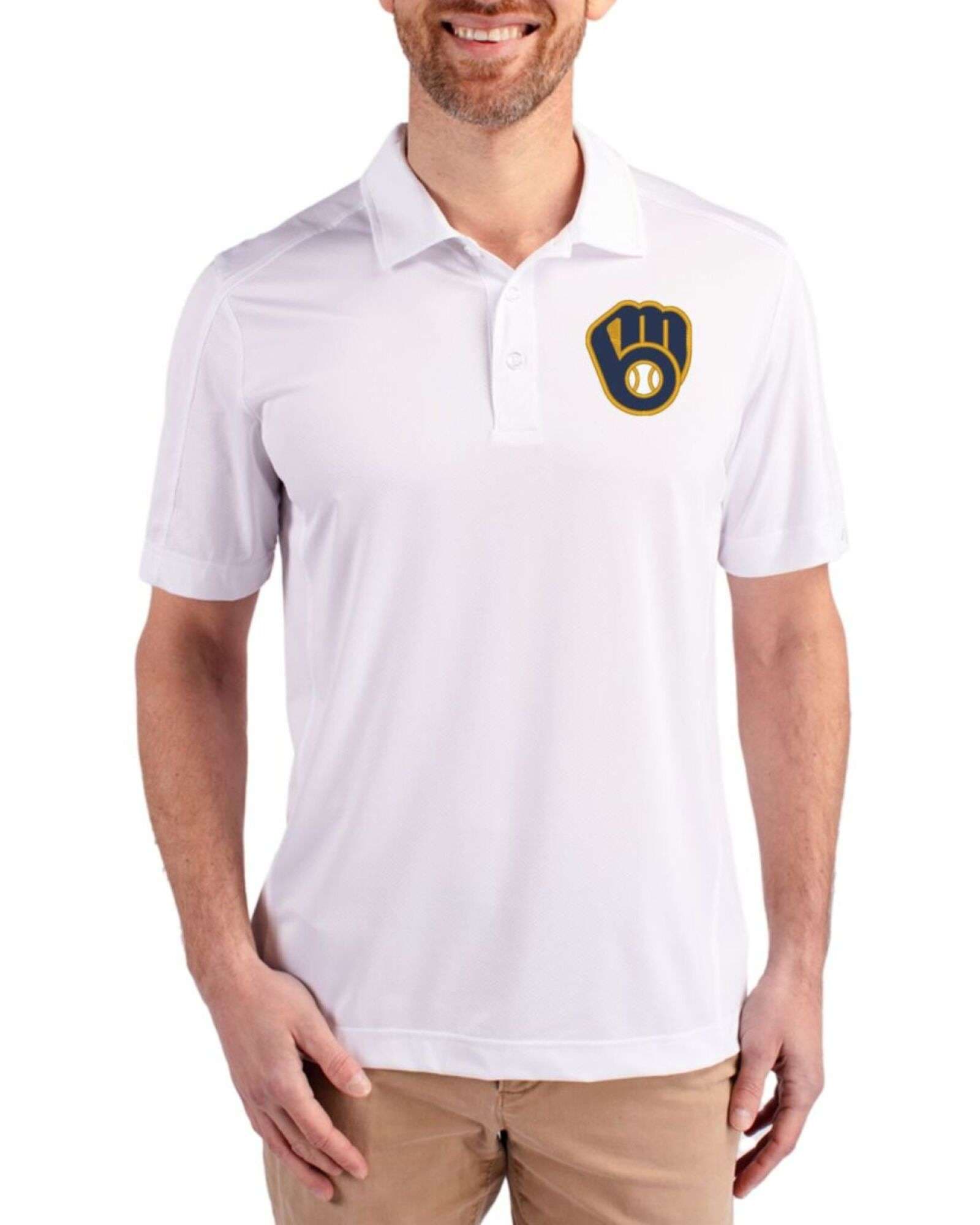 Men's Milwaukee Brewers Cutter & Buck White Prospect Epic Confidence Textured Stretch Big & Tall Polo