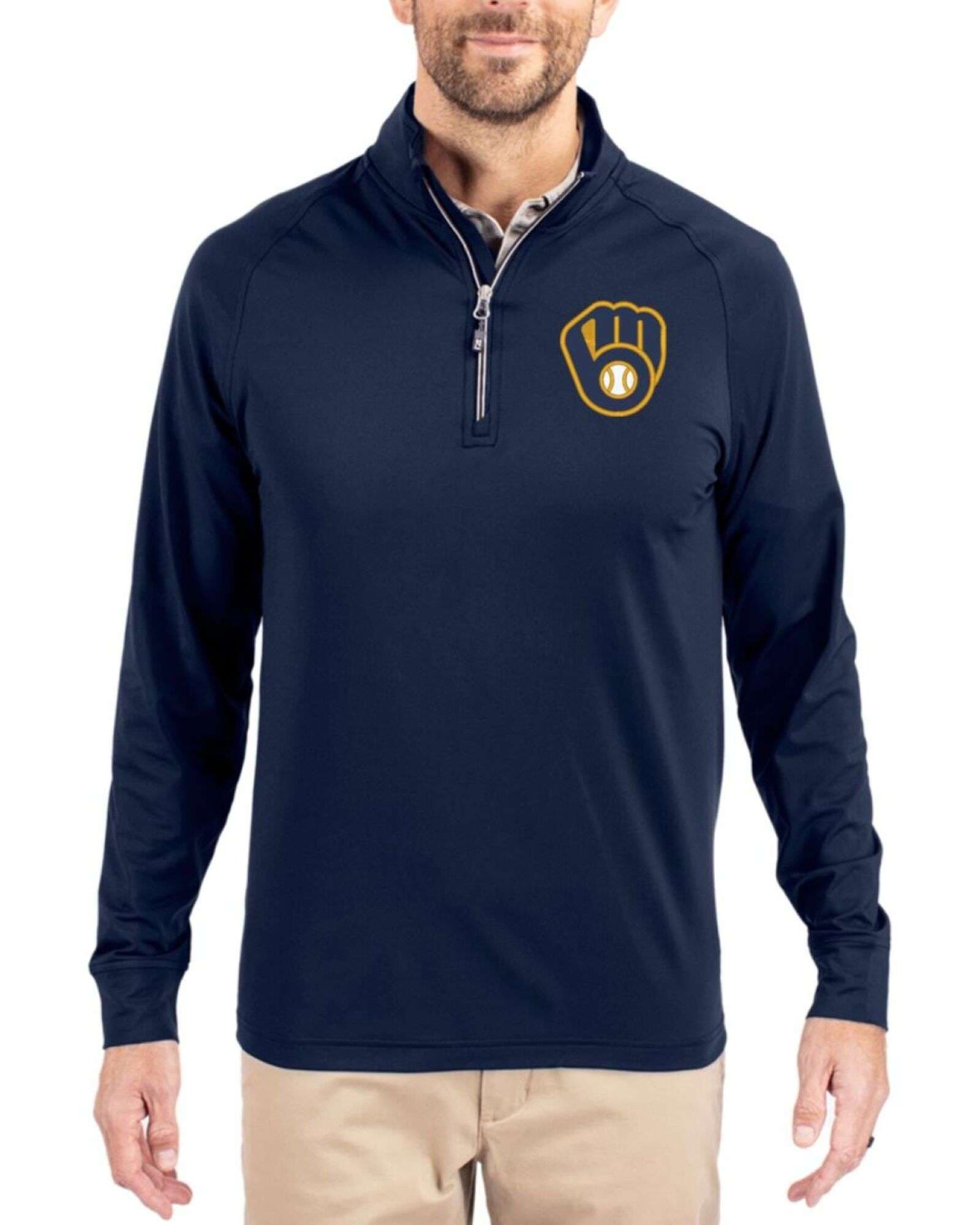 Men's Milwaukee Brewers Cutter & Buck Navy Blue Adapt Soft Knit Stretch Big & Tall Quarter Zip Pullover