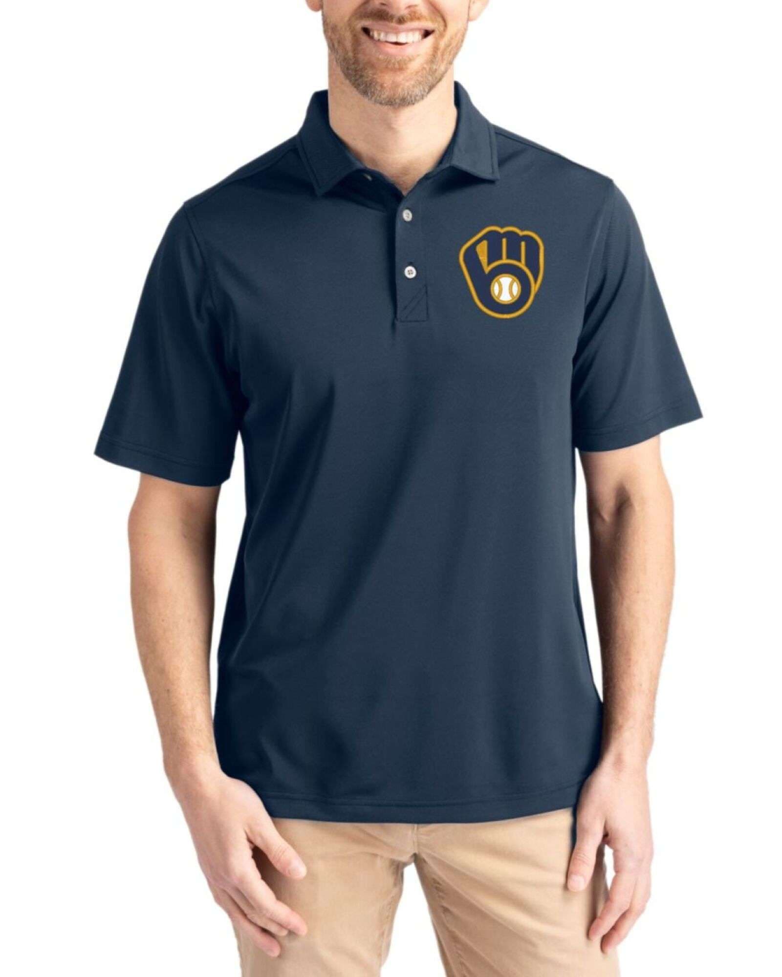 Men's Milwaukee Brewers Cutter & Buck Navy Blue Virtue Epic Confidence Pique Big & Tall Polo