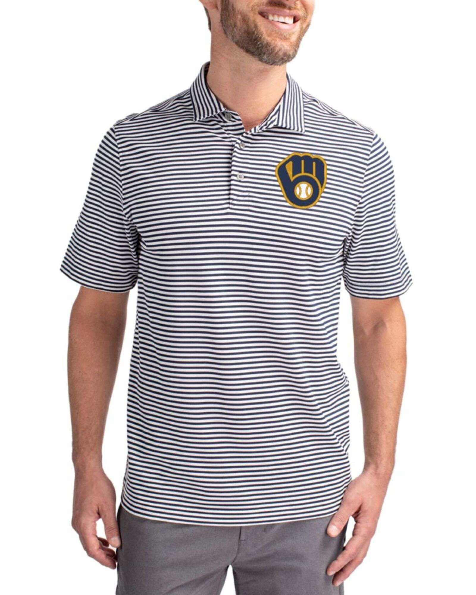 Men's Milwaukee Brewers Cutter & Buck Navy Blue Virtue Stripe Featherlight Pique Big & Tall Polo