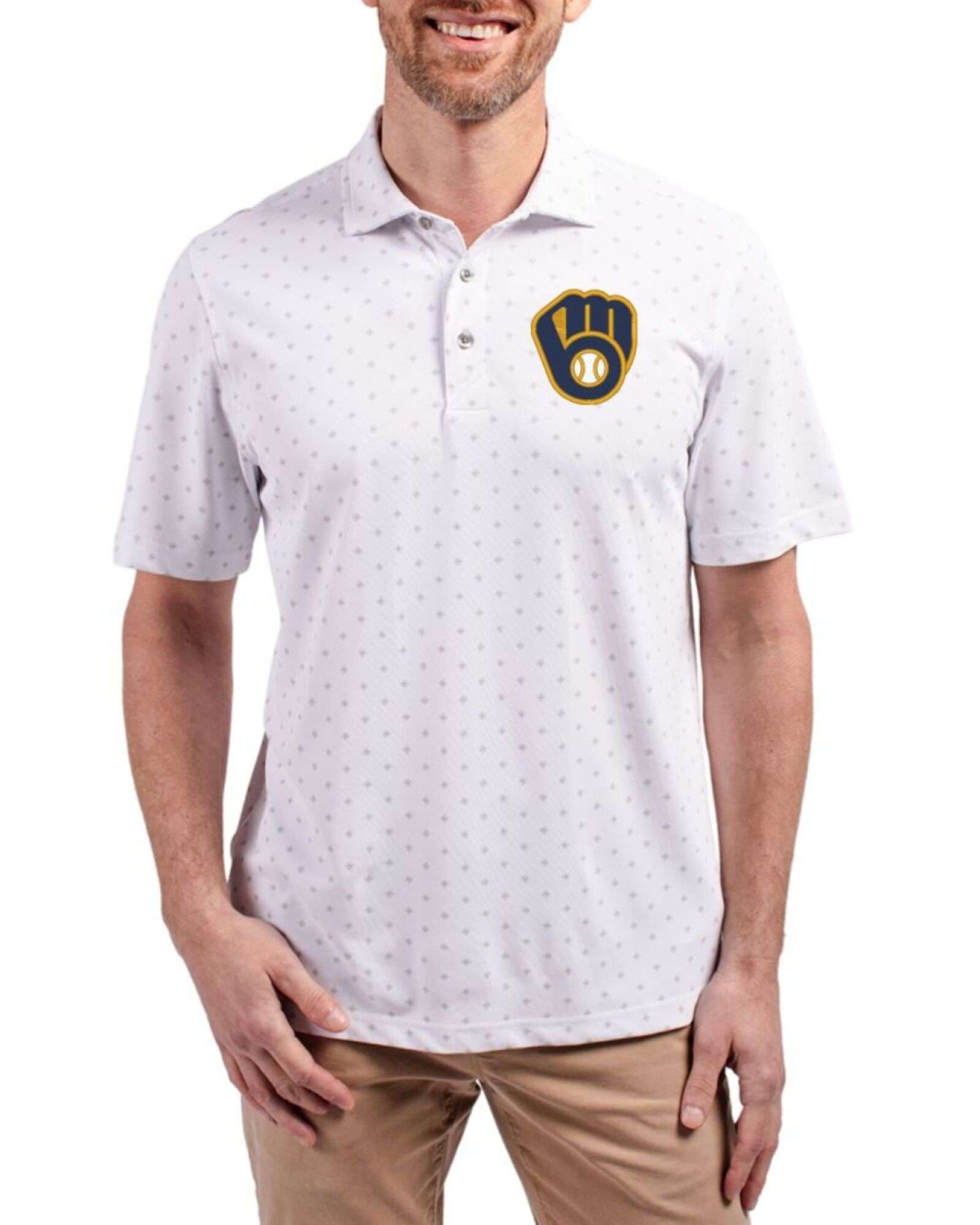 Men's Milwaukee Brewers Cutter & Buck White Virtue Tile Print Featherlight Pique Big & Tall Polo
