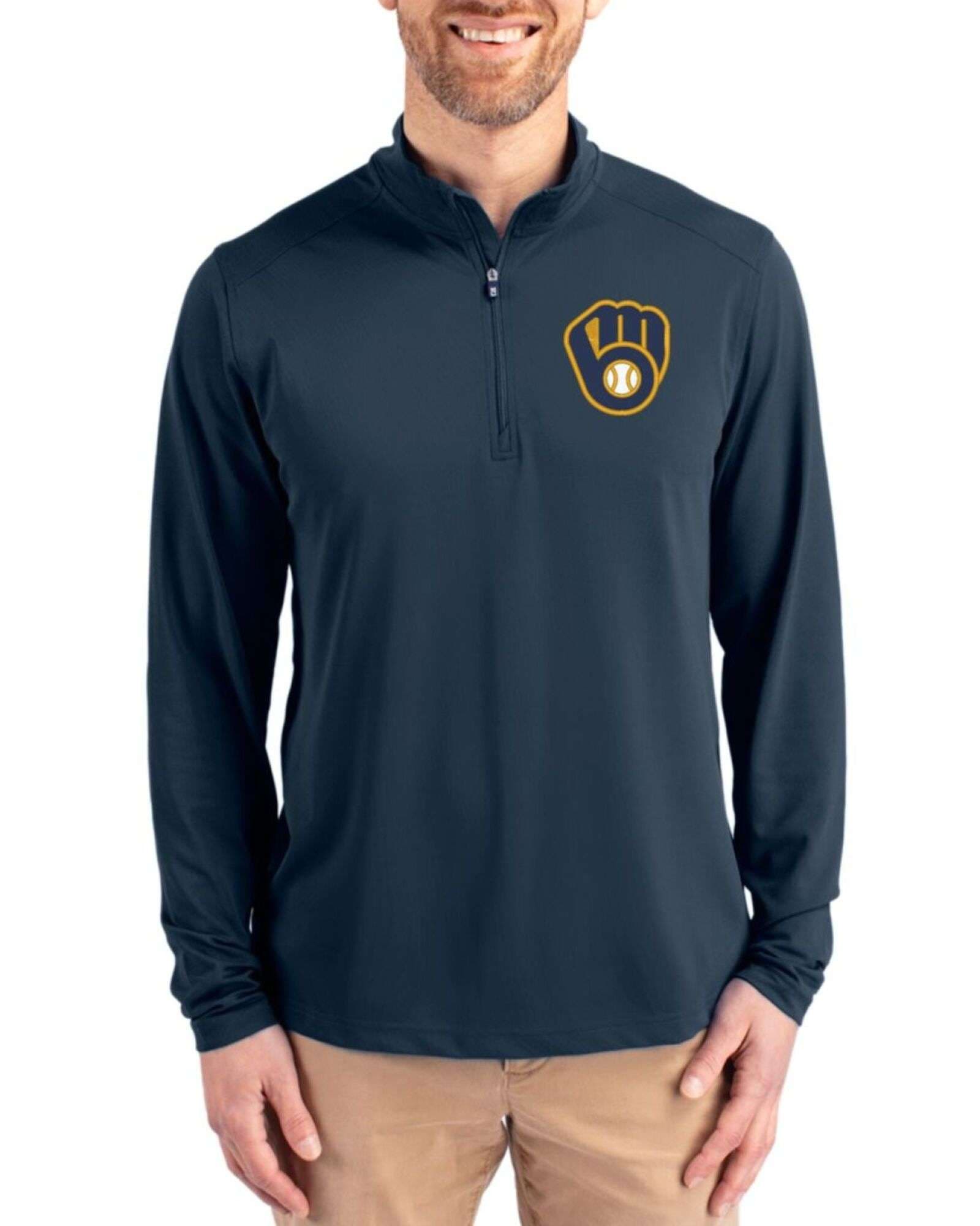 Men's Milwaukee Brewers Cutter & Buck Navy Blue Virtue Featherlight Pique Big & Tall Quarter Zip Pullover