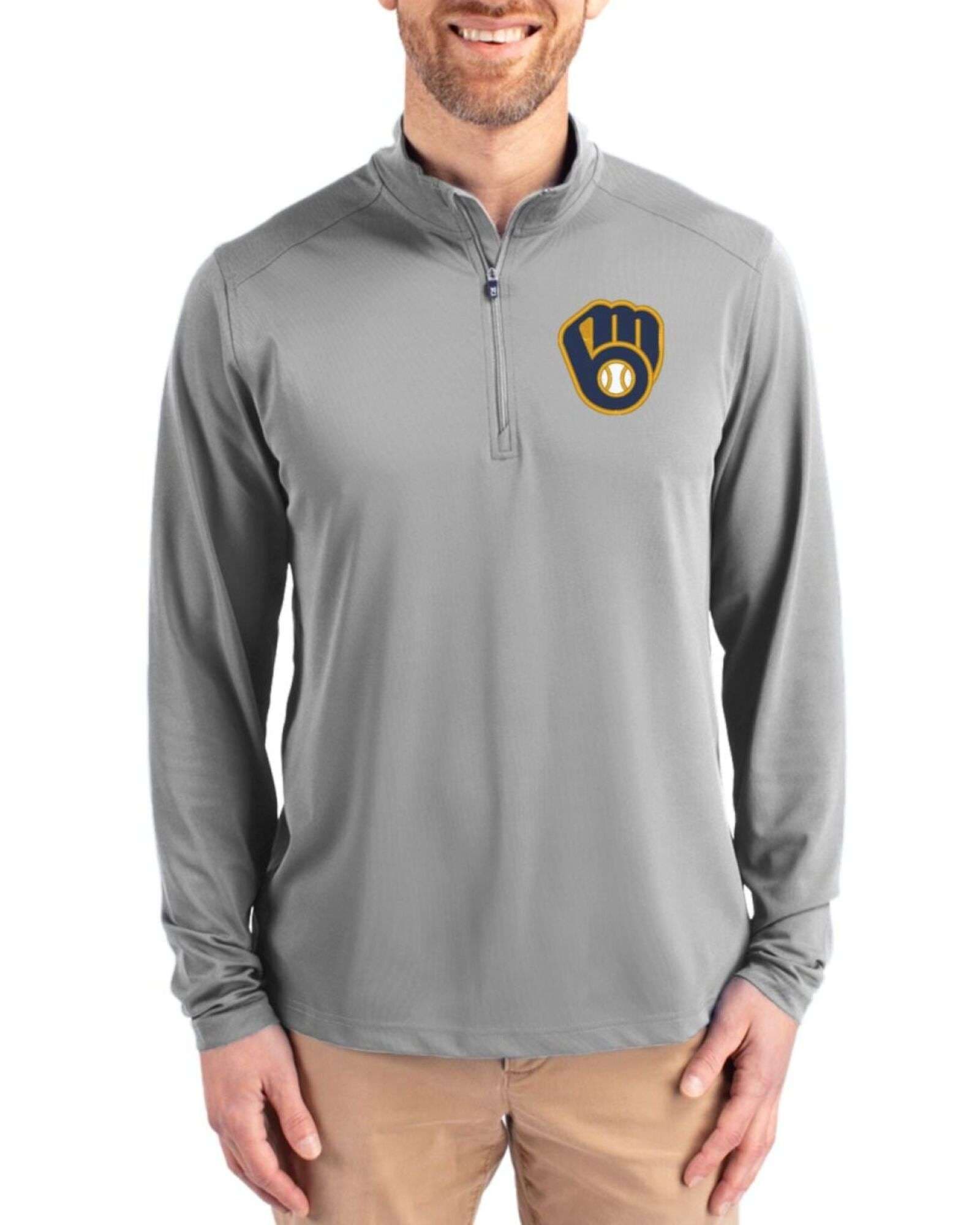 Men's Milwaukee Brewers Cutter & Buck Polished Virtue Featherlight Pique Big & Tall Quarter Zip Pullover