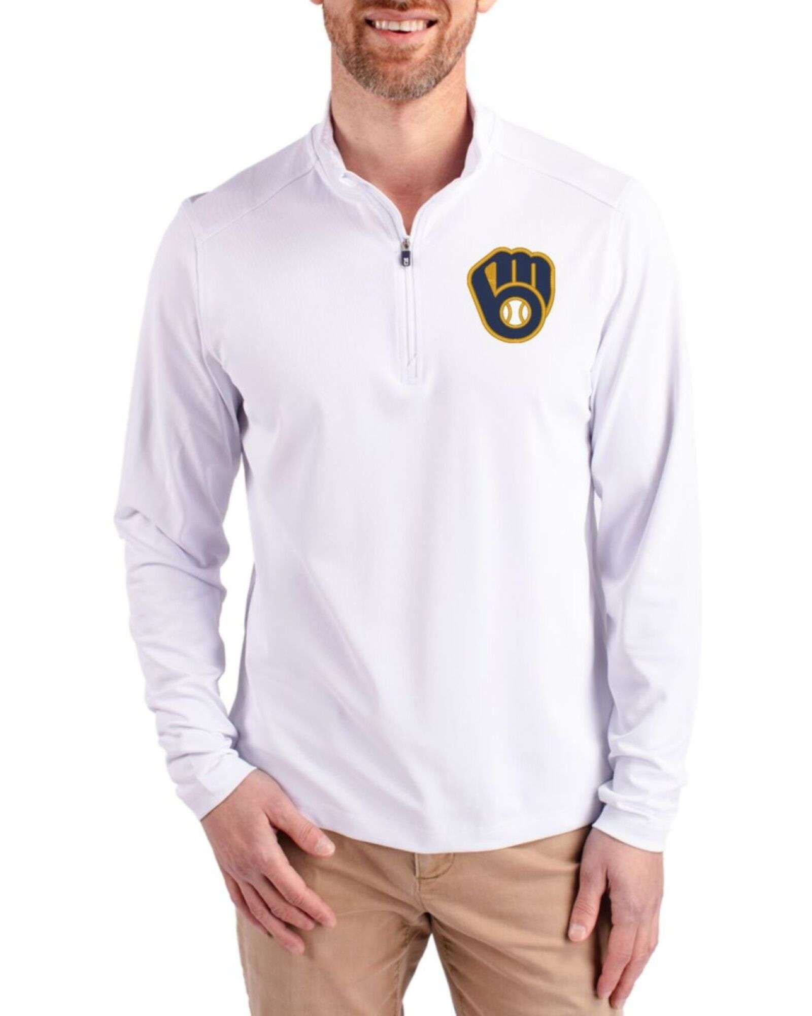 Men's Milwaukee Brewers Cutter & Buck White Virtue Featherlight Pique Big & Tall Quarter Zip Pullover