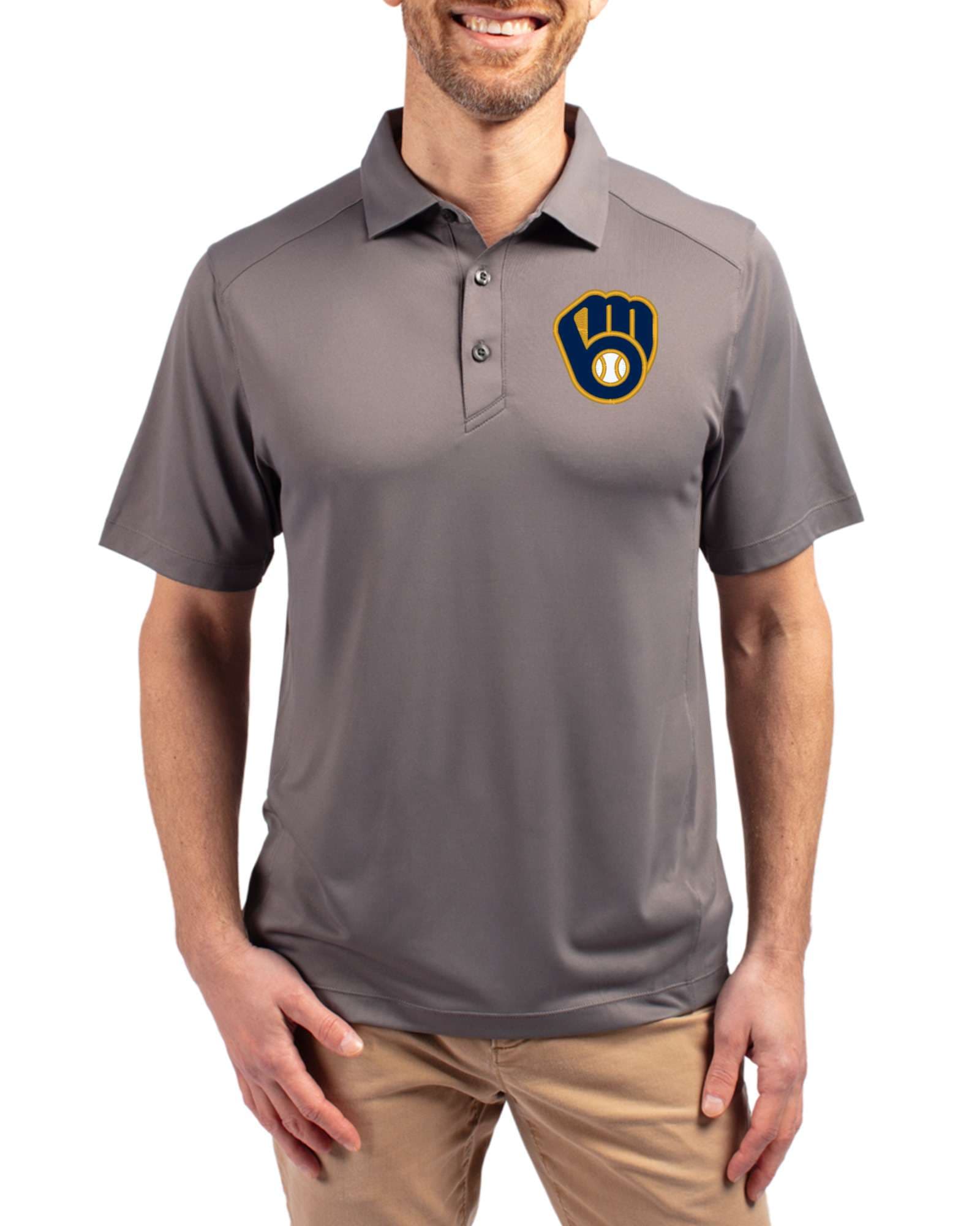 Men's Milwaukee Brewers Cutter & Buck Elemental Grey Forge Four-Way Stretch Big & Tall Polo