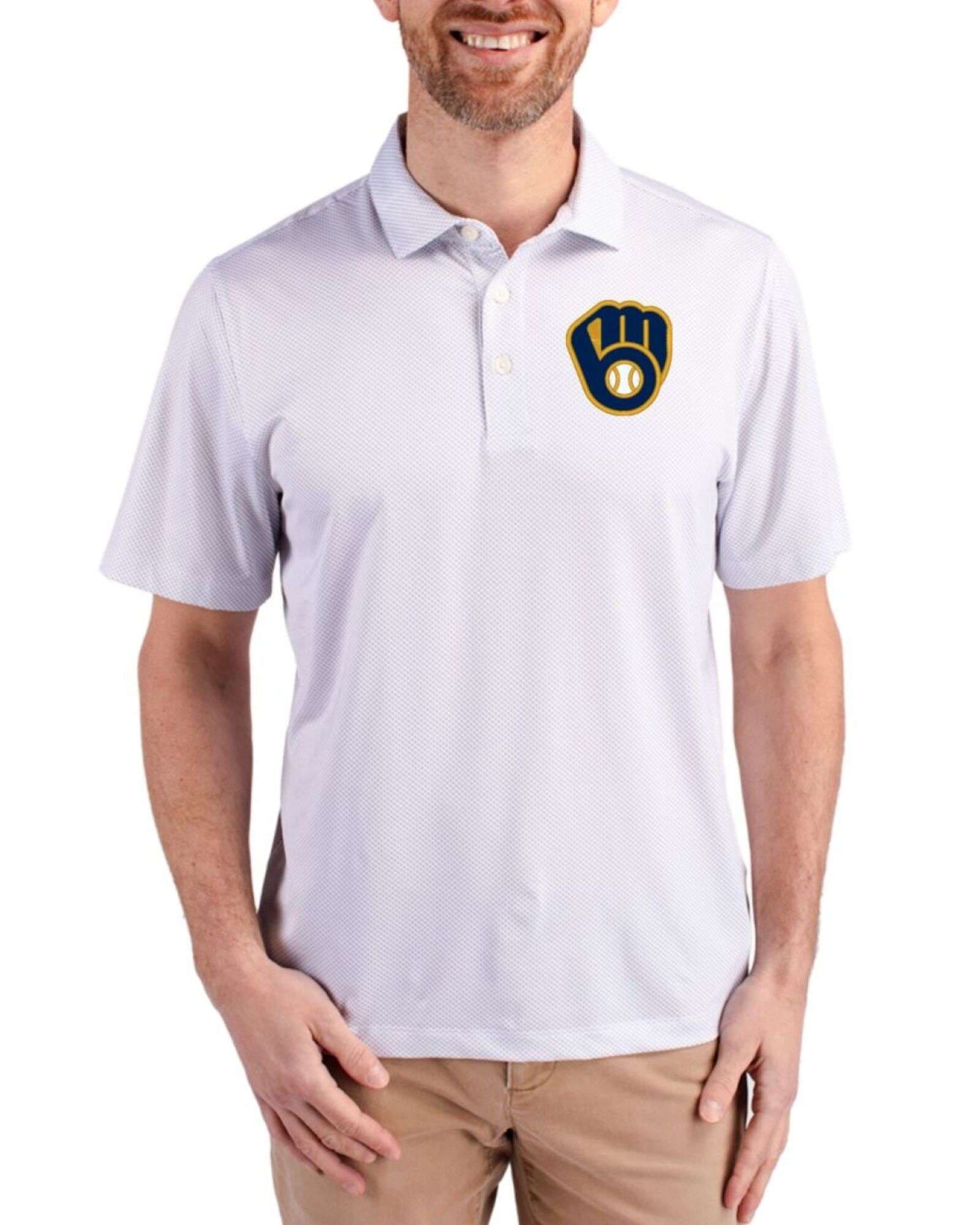 Men's Milwaukee Brewers Cutter & Buck White/Polished Pike Symmetry Print Big & Tall Polo