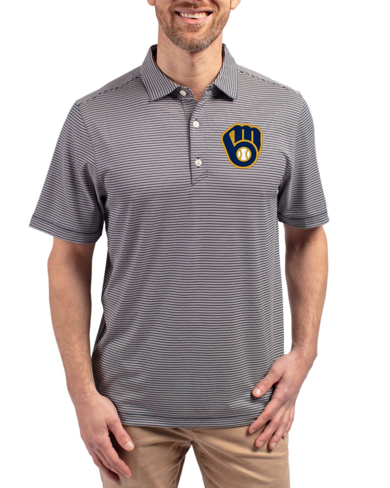 Men's Milwaukee Brewers Cutter & Buck Navy Blue/White Forge Double Stripe Four-Way Stretch Big & Tall Polo