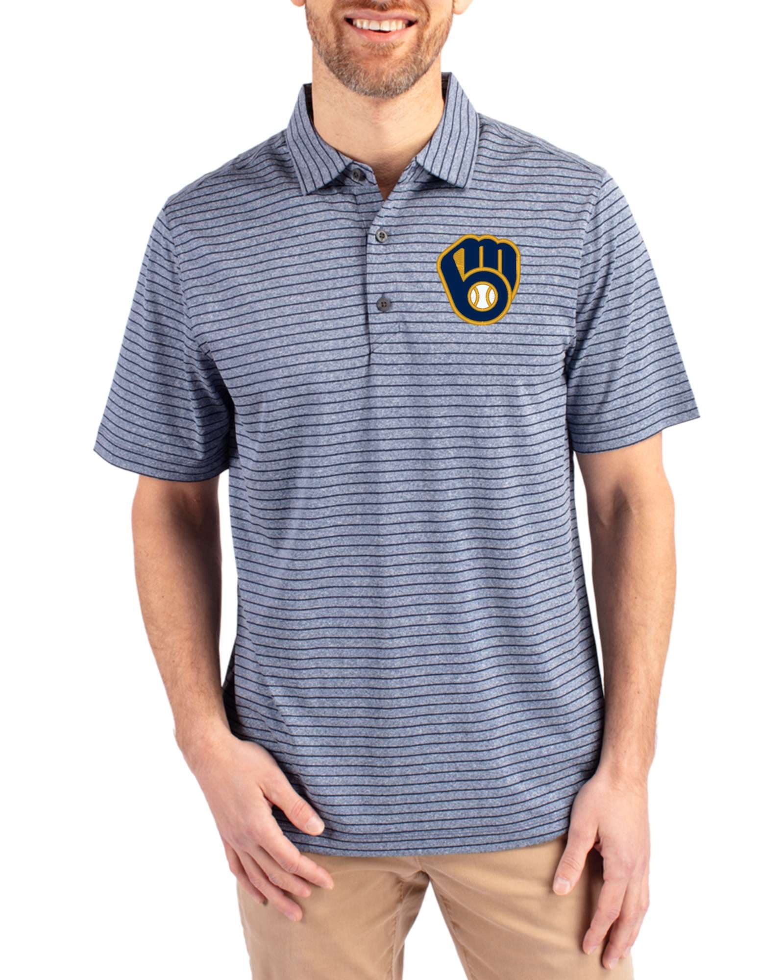 Men's Milwaukee Brewers Cutter & Buck Navy Blue Heather Forge Heather Stripe Four-Way Stretch Big & Tall Polo