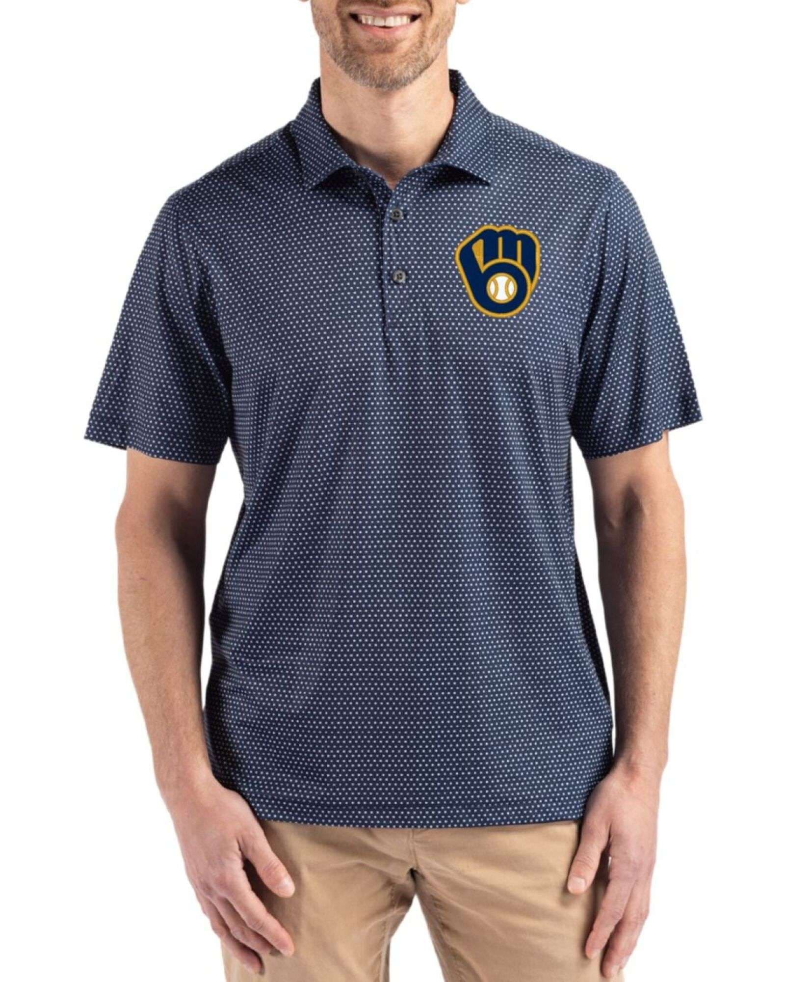 Men's Milwaukee Brewers Cutter & Buck Navy Blue Pike Shadow Check Print Big & Tall Polo
