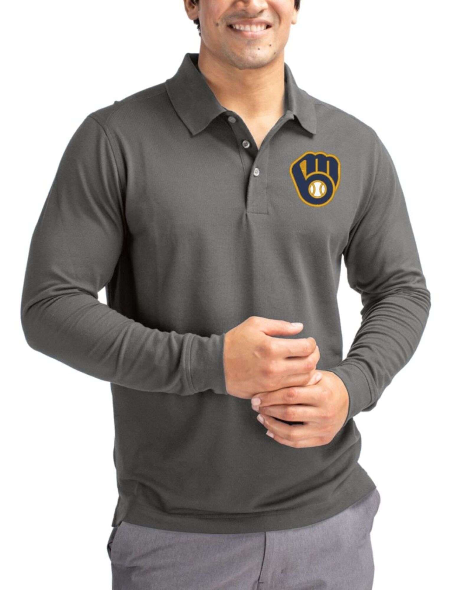 Men's Milwaukee Brewers Cutter & Buck Elemental Grey Advantage Epic Confidence Tri-Blend Pique Big & Tall Long Sleeve Polo