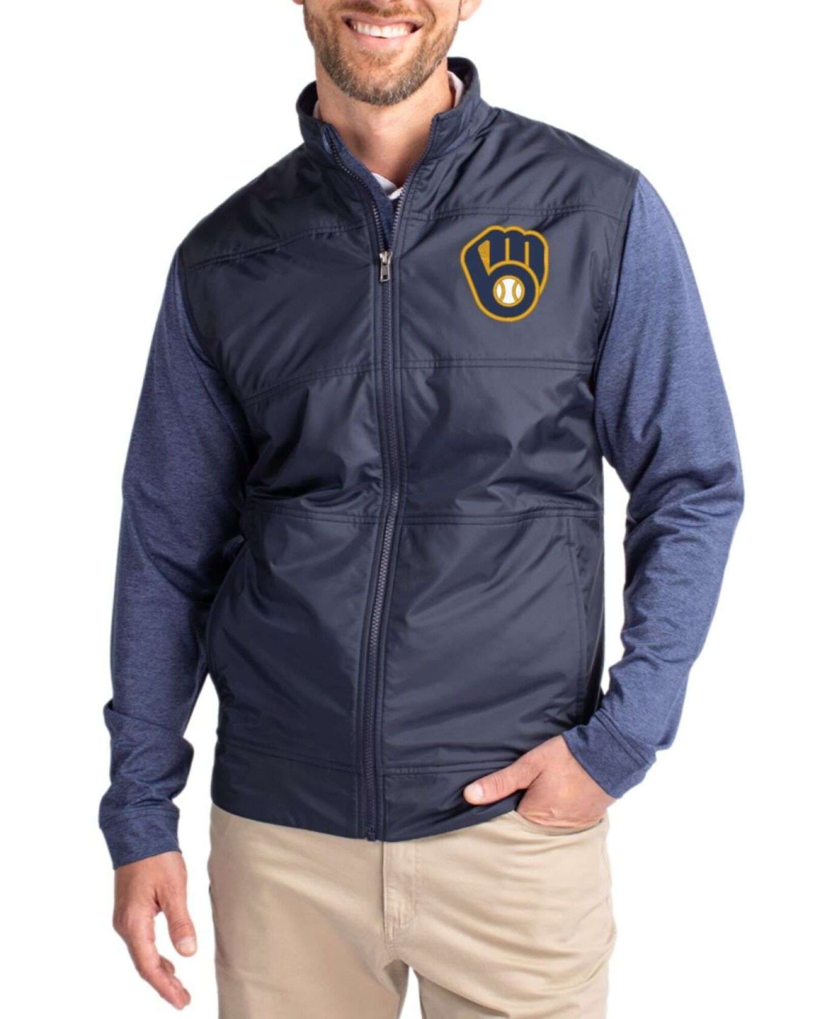 Men's Milwaukee Brewers Cutter & Buck Liberty Navy Stealth Hybrid Quilted Big & Tall Windbreaker Jacket