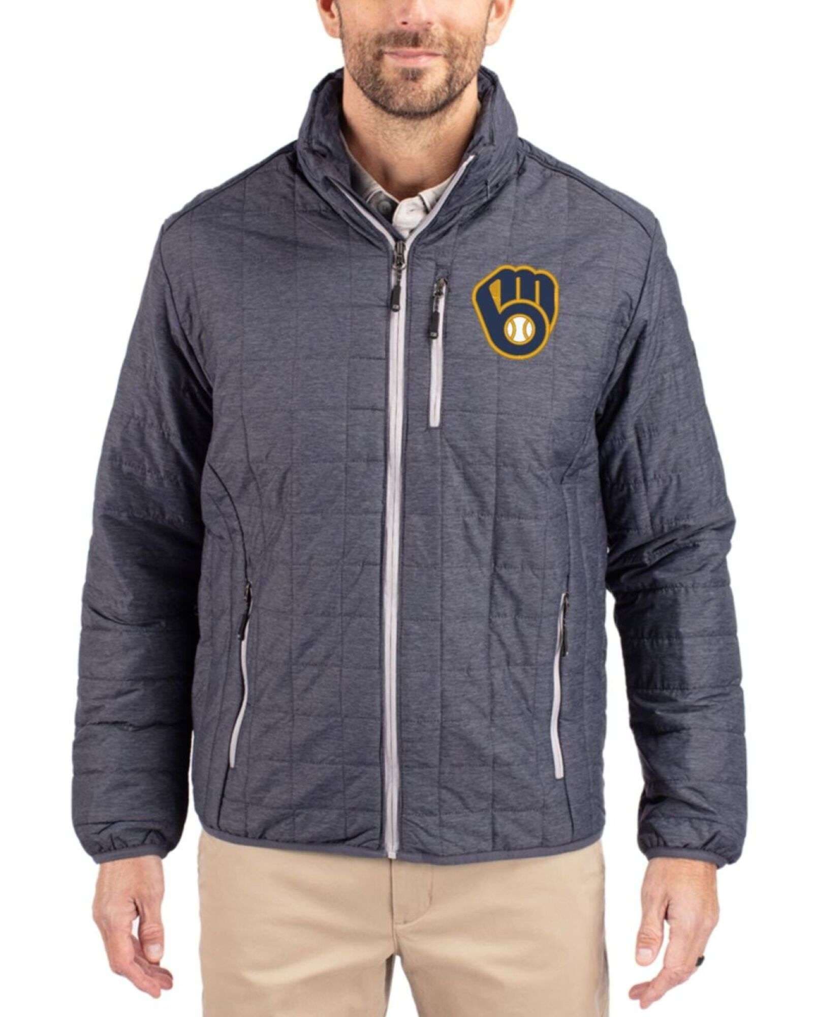 Men's Milwaukee Brewers Cutter & Buck Anthracite Melange Rainier Insulated Puffer Big & Tall Full Zip Jacket