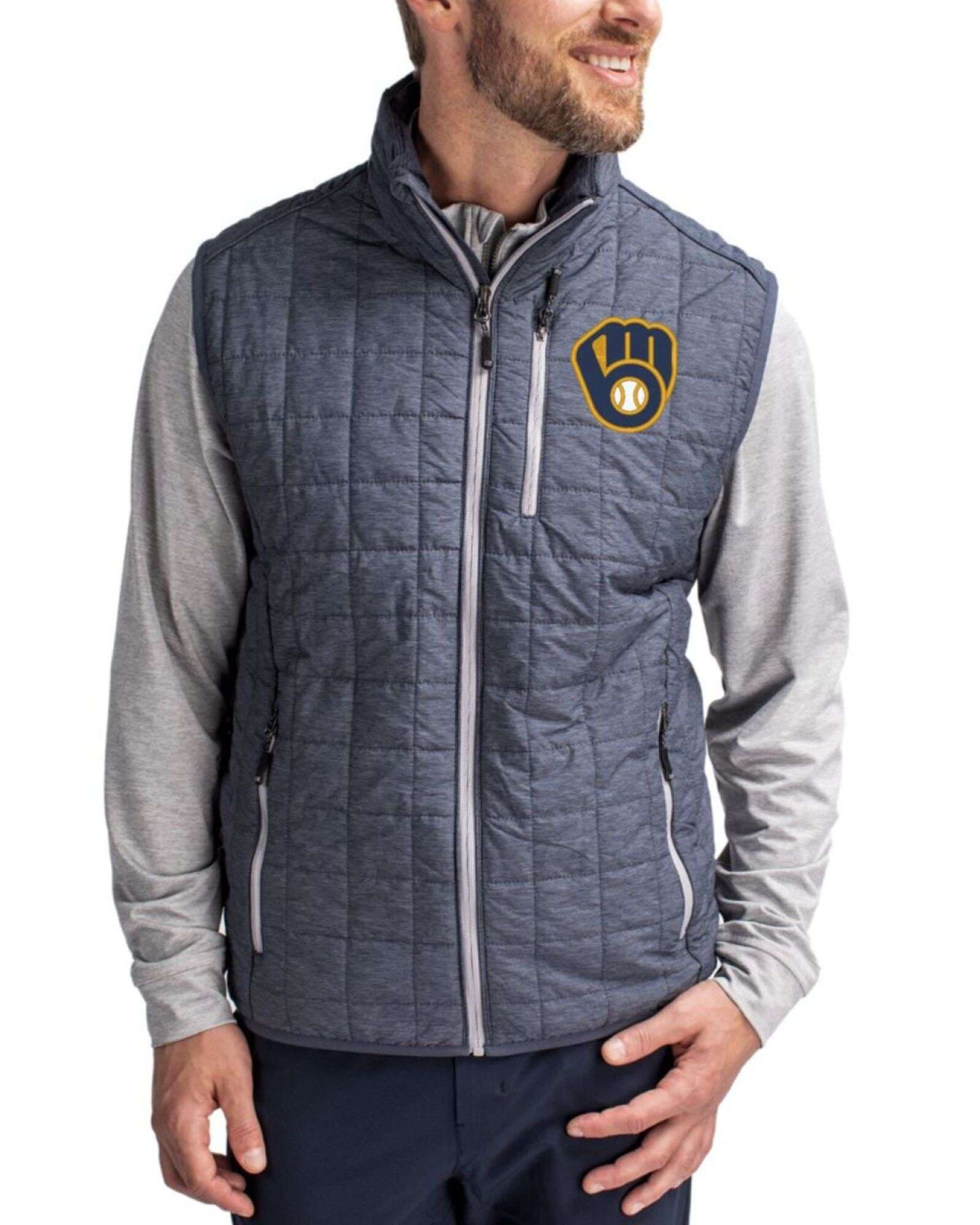 Men's Milwaukee Brewers Cutter & Buck Anthracite Melange Rainier Insulated Puffer Big & Tall Full Zip Vest