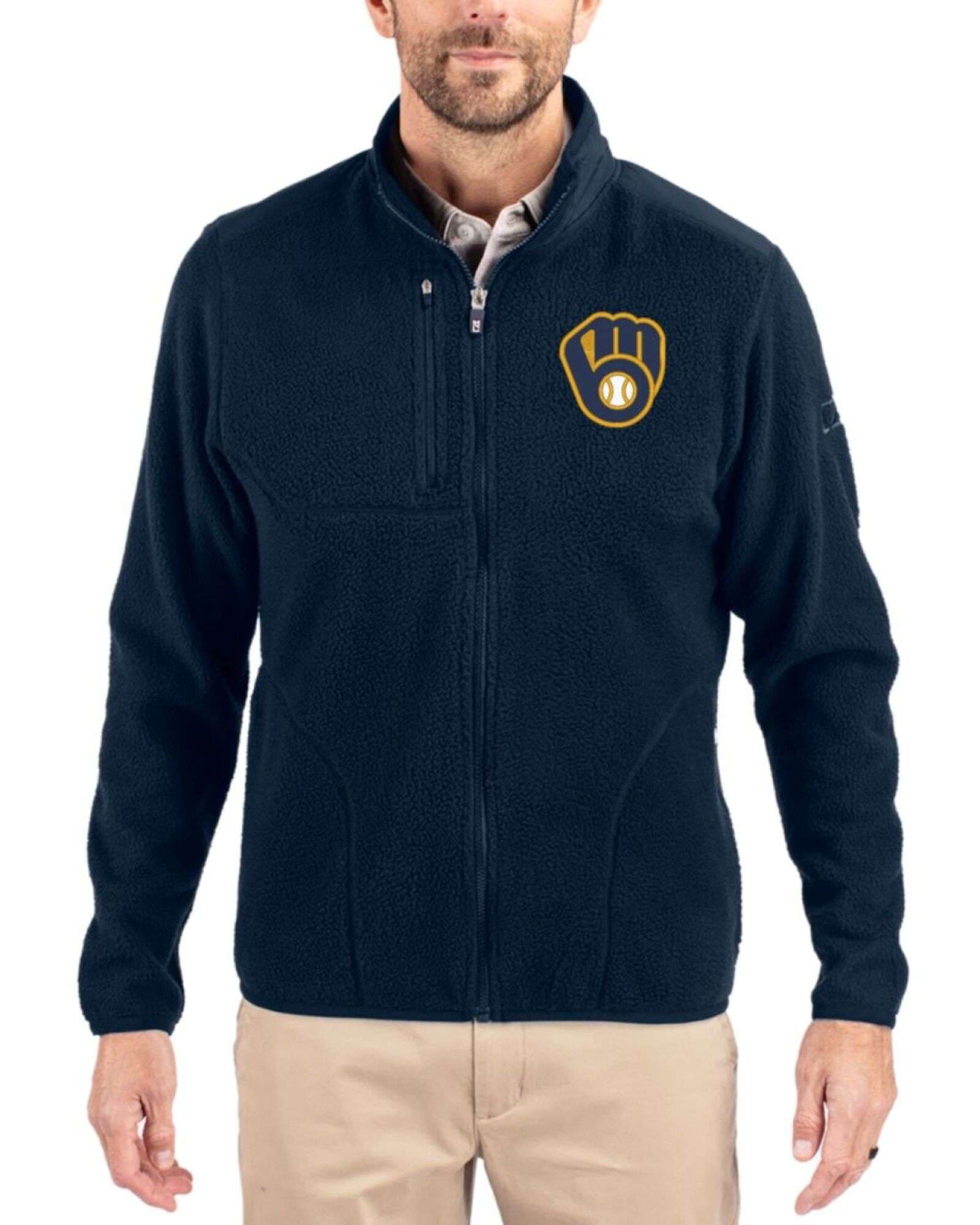 Men's Milwaukee Brewers Cutter & Buck Navy Blue Cascade Epic Comfort Sherpa Fleece Big & Tall Full Zip Jacket