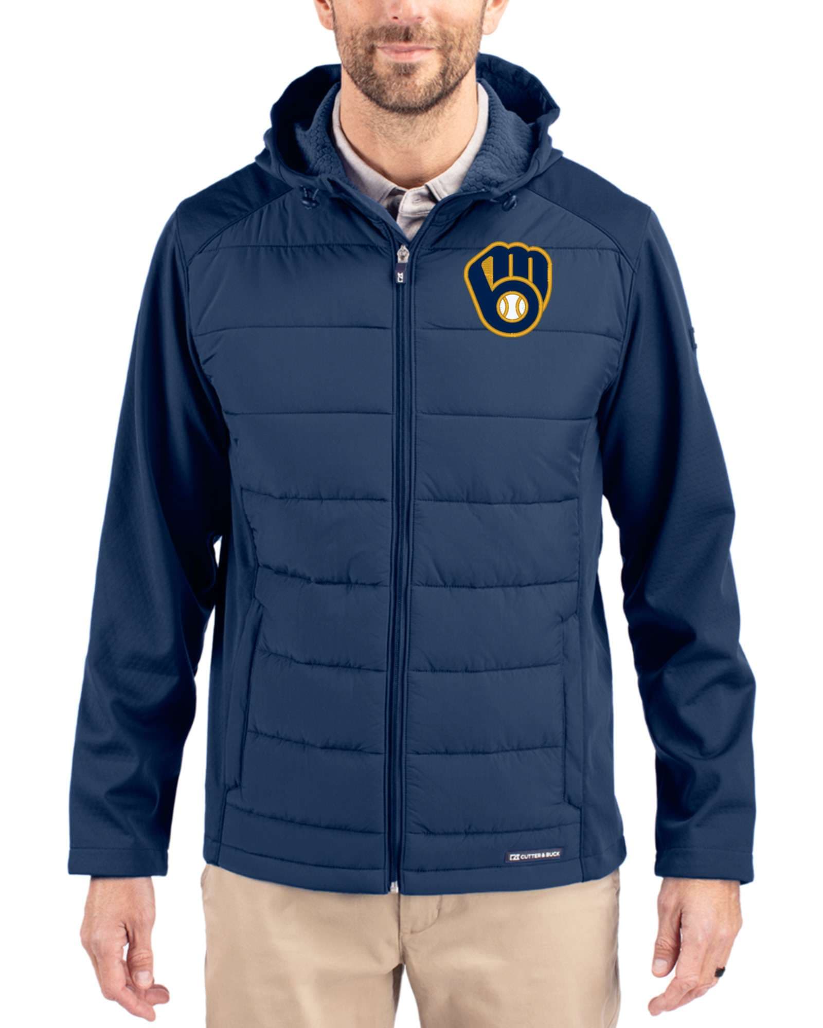 Men's Milwaukee Brewers Cutter & Buck Navy Blue Evoke Epic Versatility Hybrid Softshell Big & Tall Full Zip Hooded Jacket