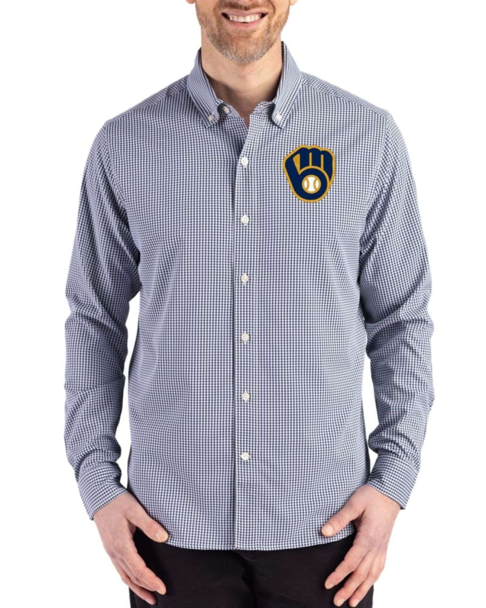Men's Milwaukee Brewers Cutter & Buck Navy Blue/White Skyline Gingham Big & Tall Long Sleeve Button Down Dress Shirt