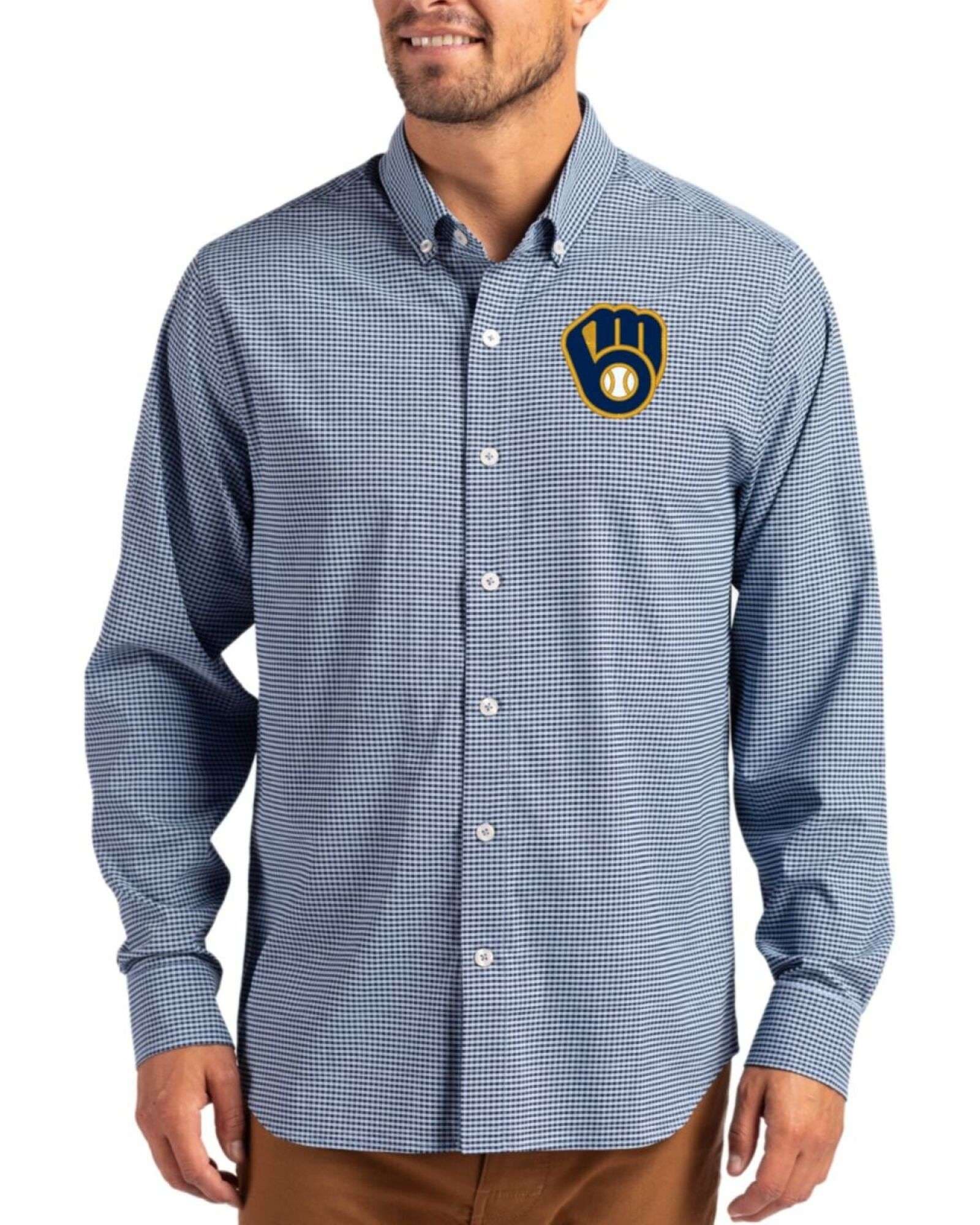 Men's Milwaukee Brewers Cutter & Buck Pale Blue/Navy Blue Skyline Gingham Big & Tall Long Sleeve Button Down Dress Shirt