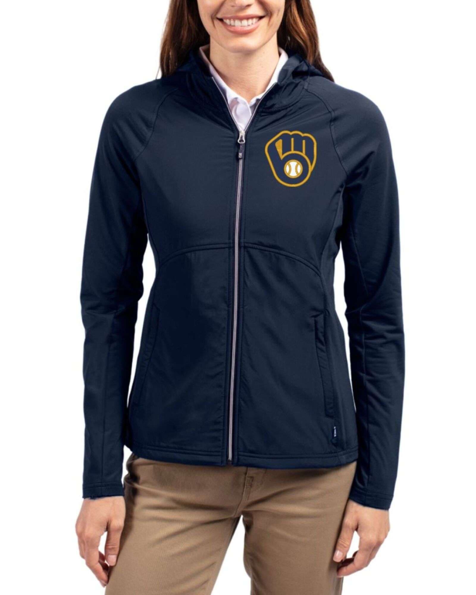 Women's Milwaukee Brewers Cutter & Buck Navy Blue Adapt Soft Knit Stretch Hybrid Full Zip Jacket