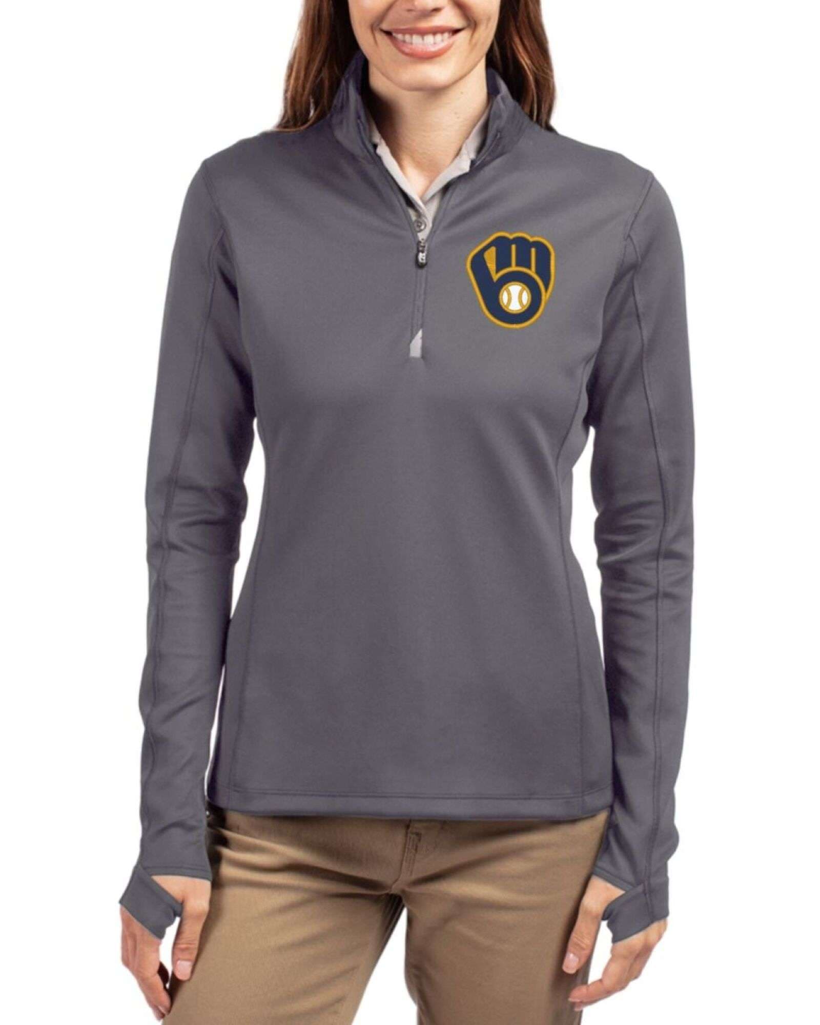 Women's Milwaukee Brewers Cutter & Buck Elemental Grey Traverse Stretch Quarter Zip