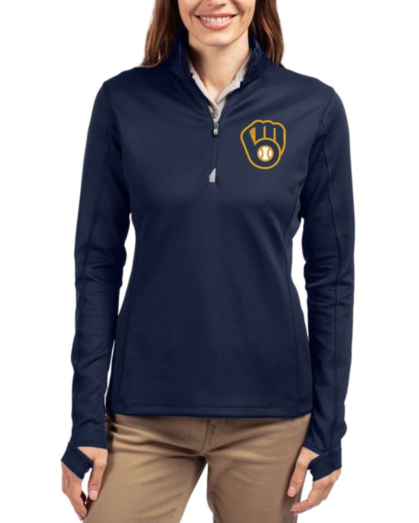 Women's Milwaukee Brewers Cutter & Buck Liberty Navy Traverse Stretch Quarter Zip