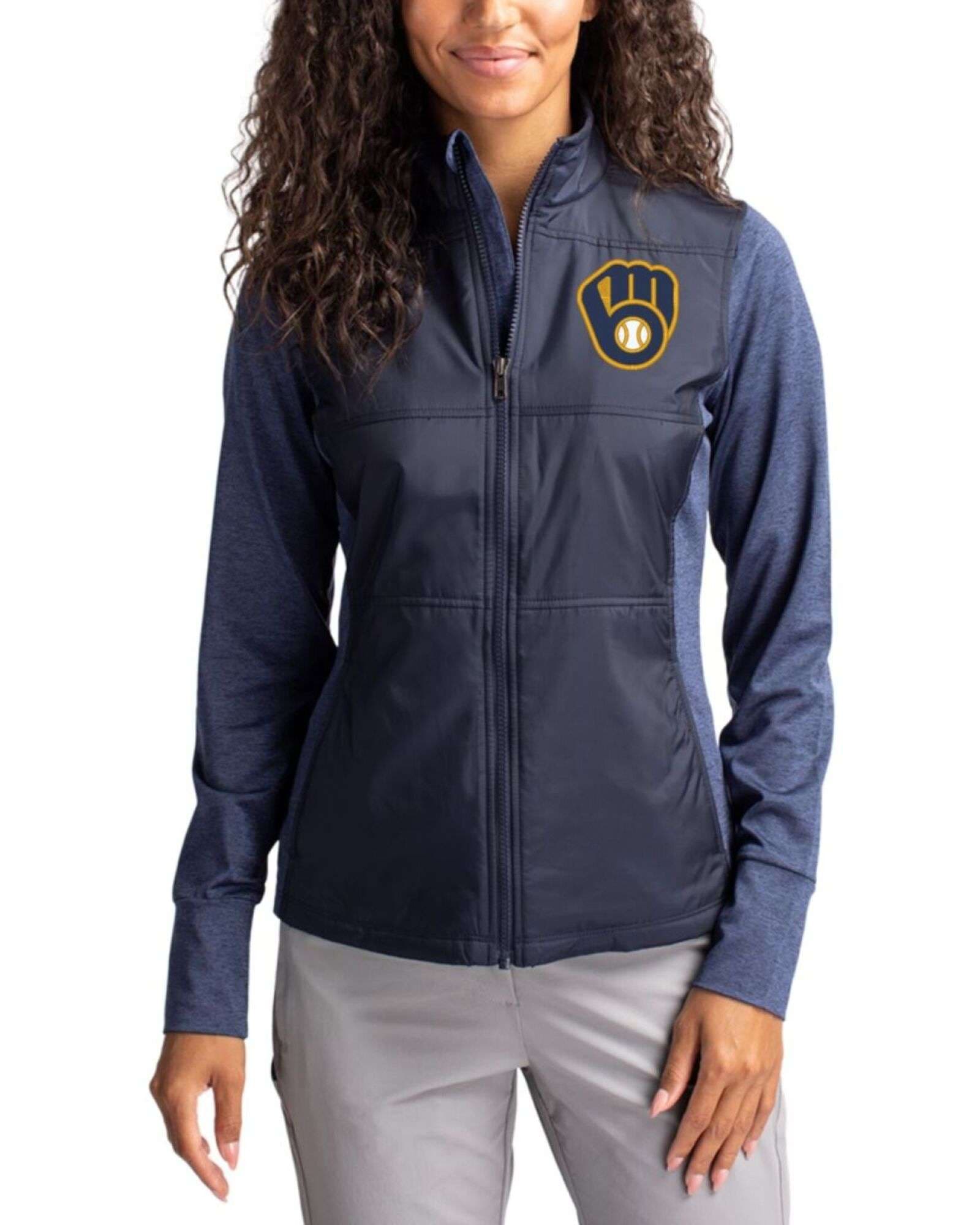 Women's Milwaukee Brewers Cutter & Buck Liberty Navy Stealth Hybrid Quilted Windbreaker Jacket