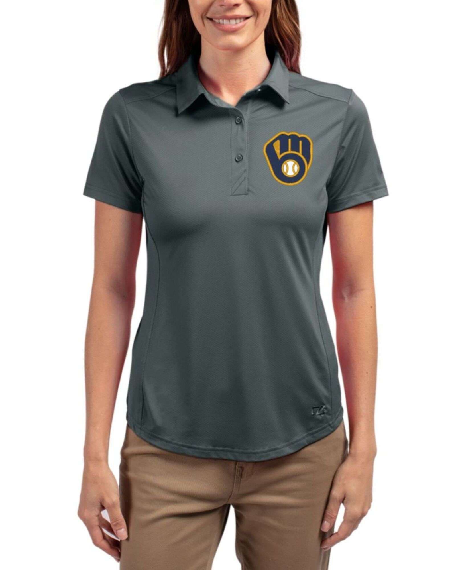 Women's Milwaukee Brewers Cutter & Buck Elemental Grey Prospect Featherlight Stretch Polo