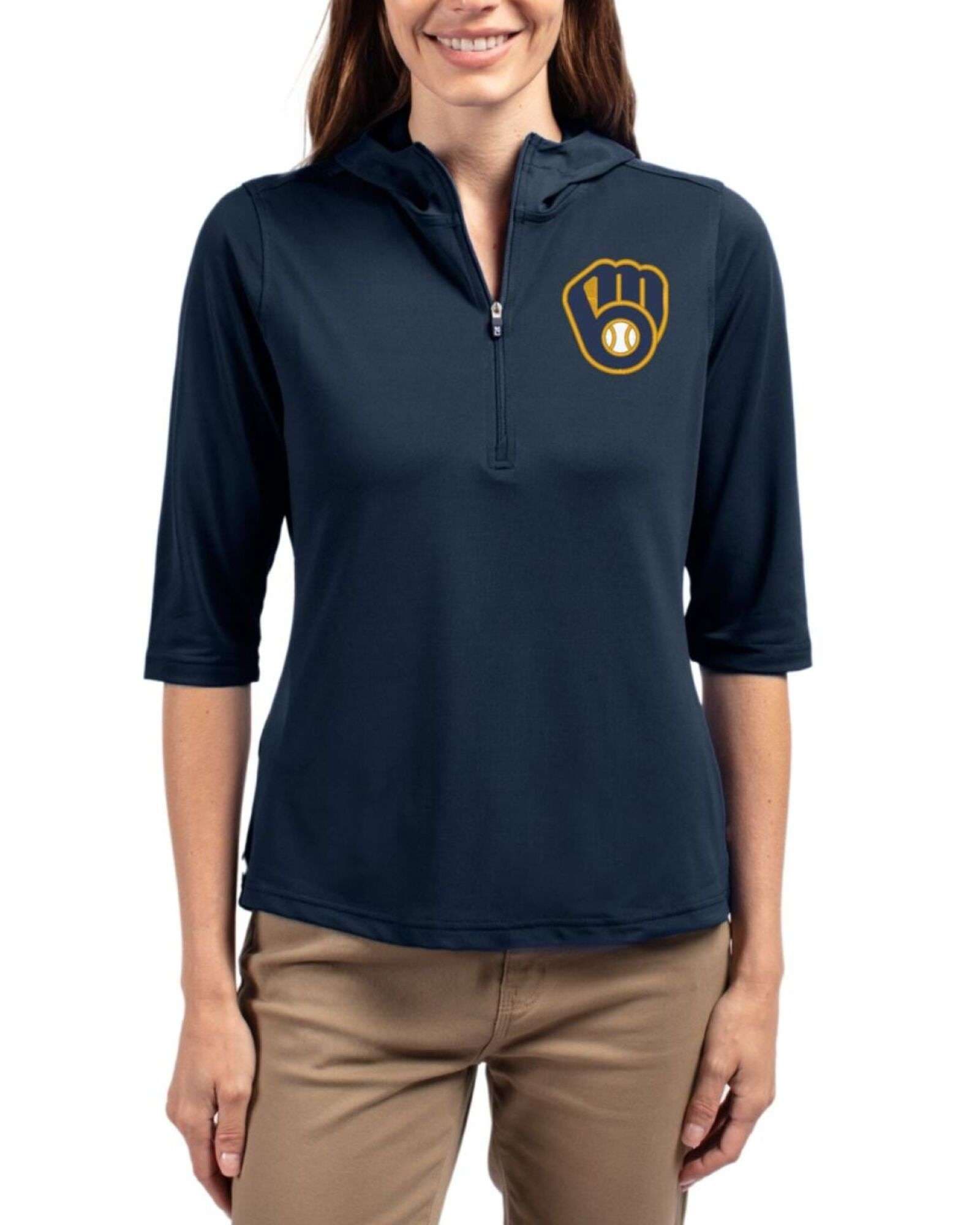 Women's Milwaukee Brewers Cutter & Buck Navy Blue Virtue Featherlight Pique Half Zip Hooded Pullover
