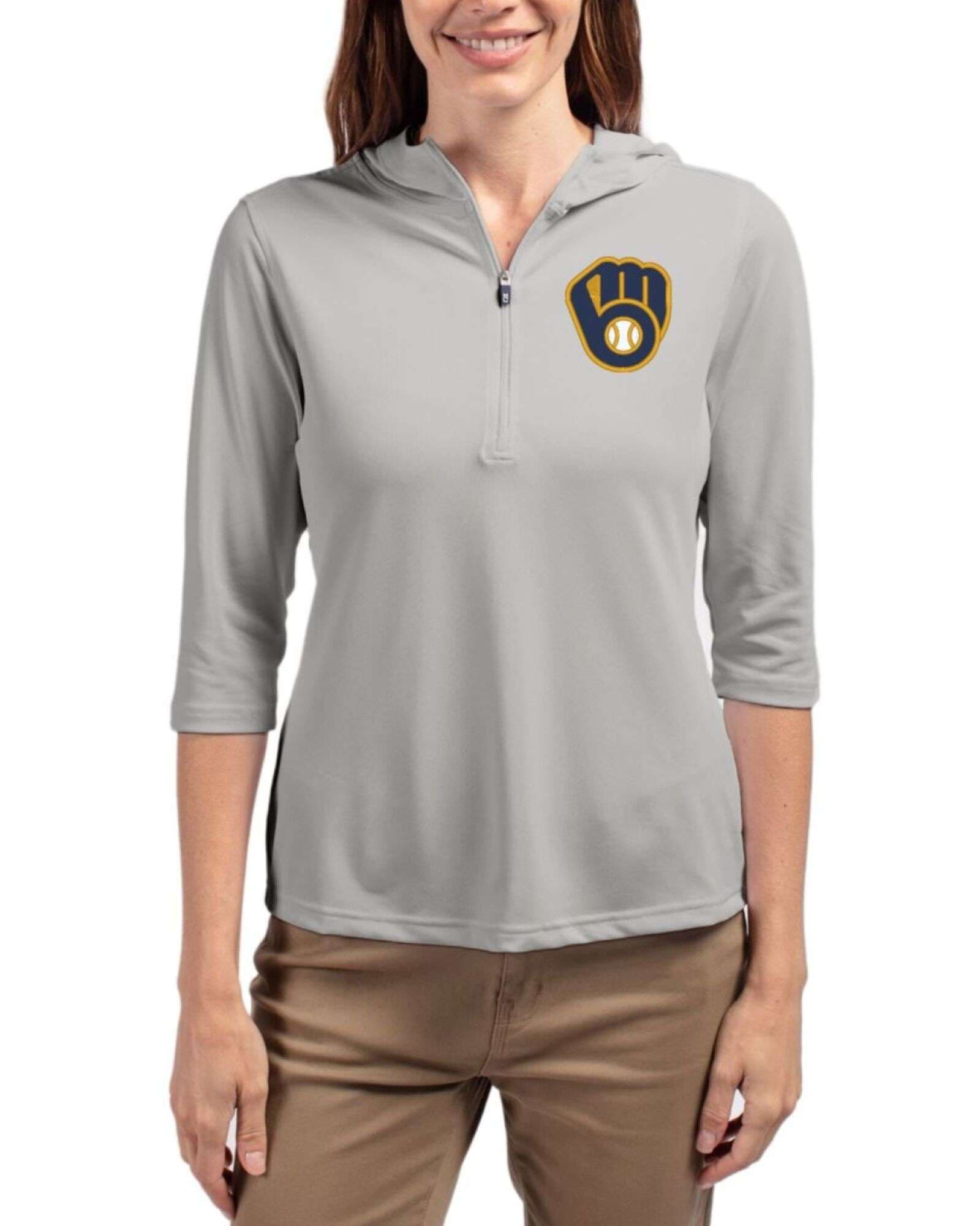 Women's Milwaukee Brewers Cutter & Buck Polished Virtue Featherlight Pique Half Zip Hooded Pullover