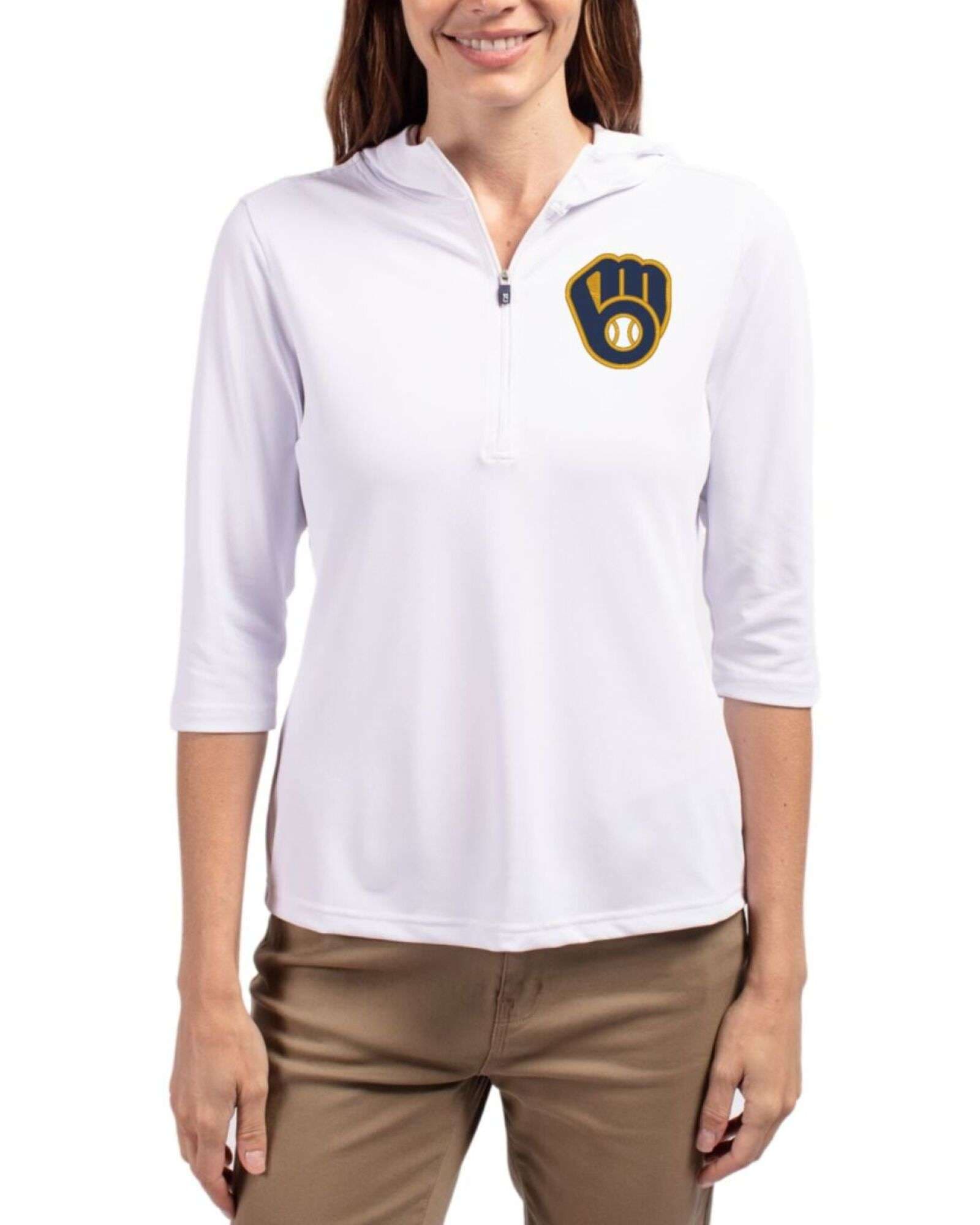 Women's Milwaukee Brewers Cutter & Buck White Virtue Featherlight Pique Half Zip Hooded Pullover