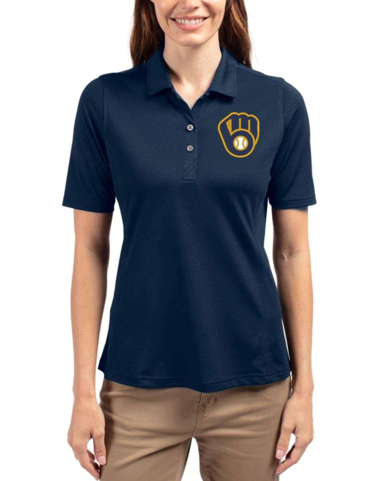 Women's Milwaukee Brewers Cutter & Buck Navy Blue Virtue Featherlight Pique Polo