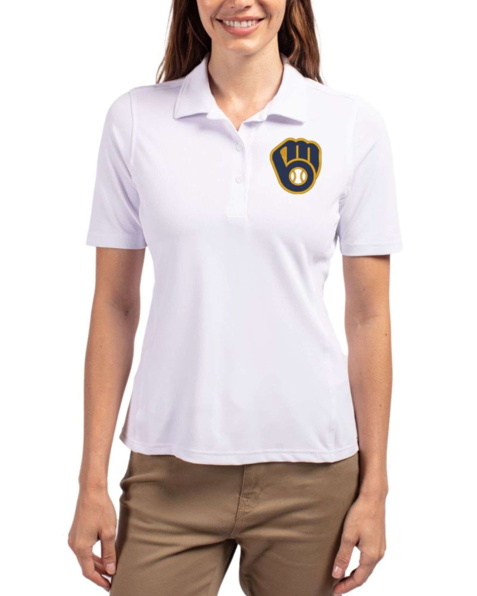 Women's Milwaukee Brewers Cutter & Buck White Virtue Featherlight Pique Polo
