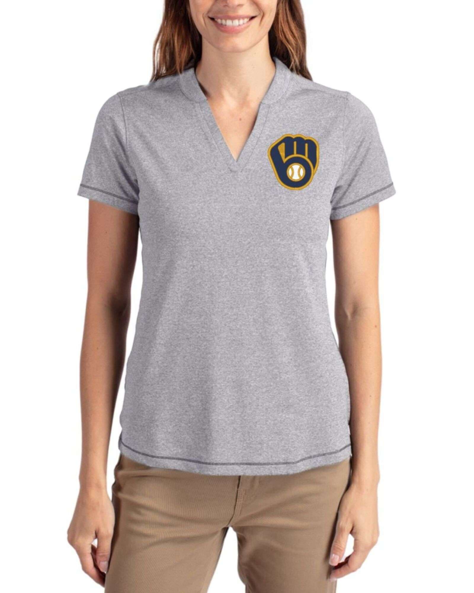 Women's Milwaukee Brewers Cutter & Buck Polished Heather Forge Four-Way Stretch Heathered Blade Top
