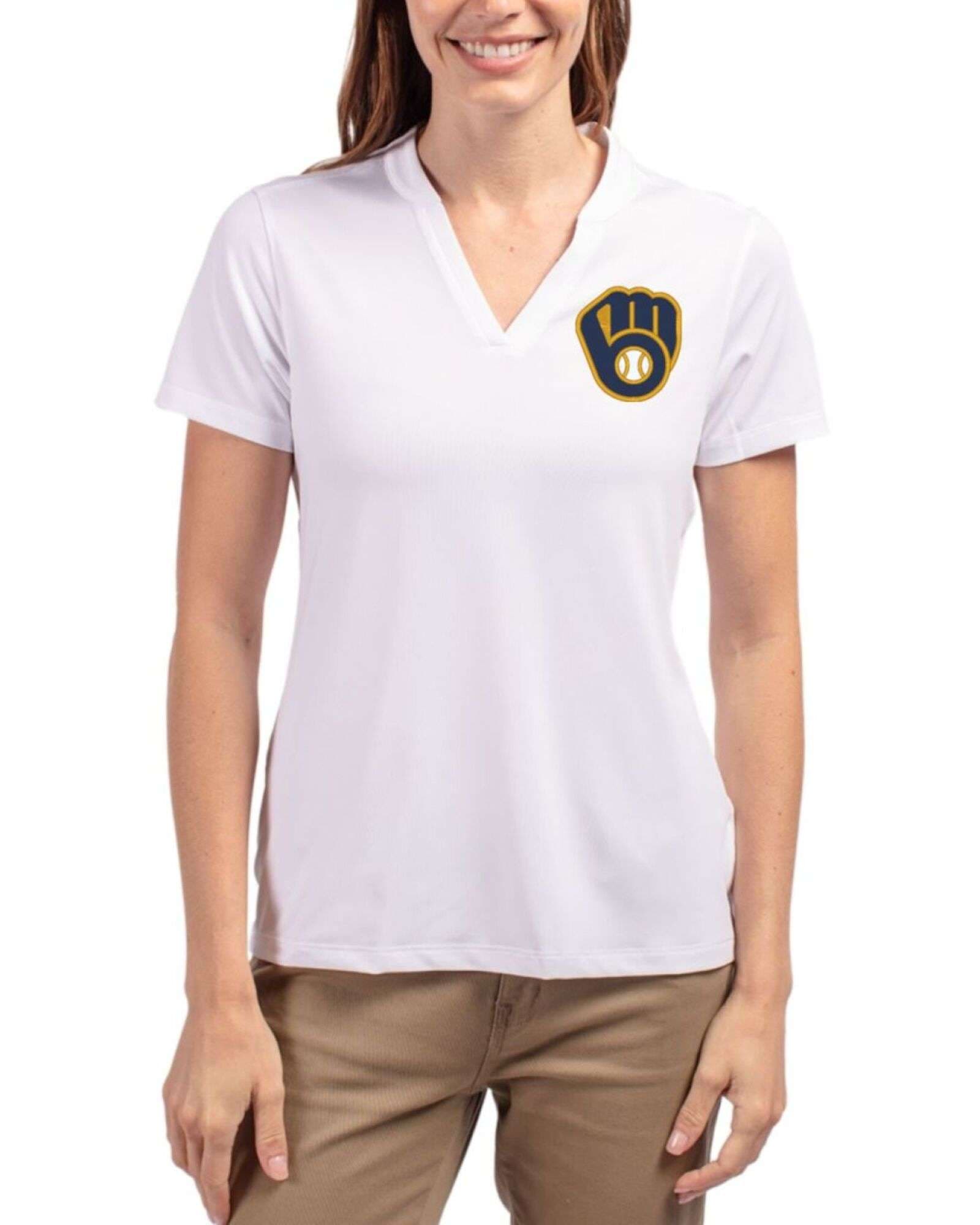 Women's Milwaukee Brewers Cutter & Buck White Forge Four-Way Stretch Heathered Blade Top