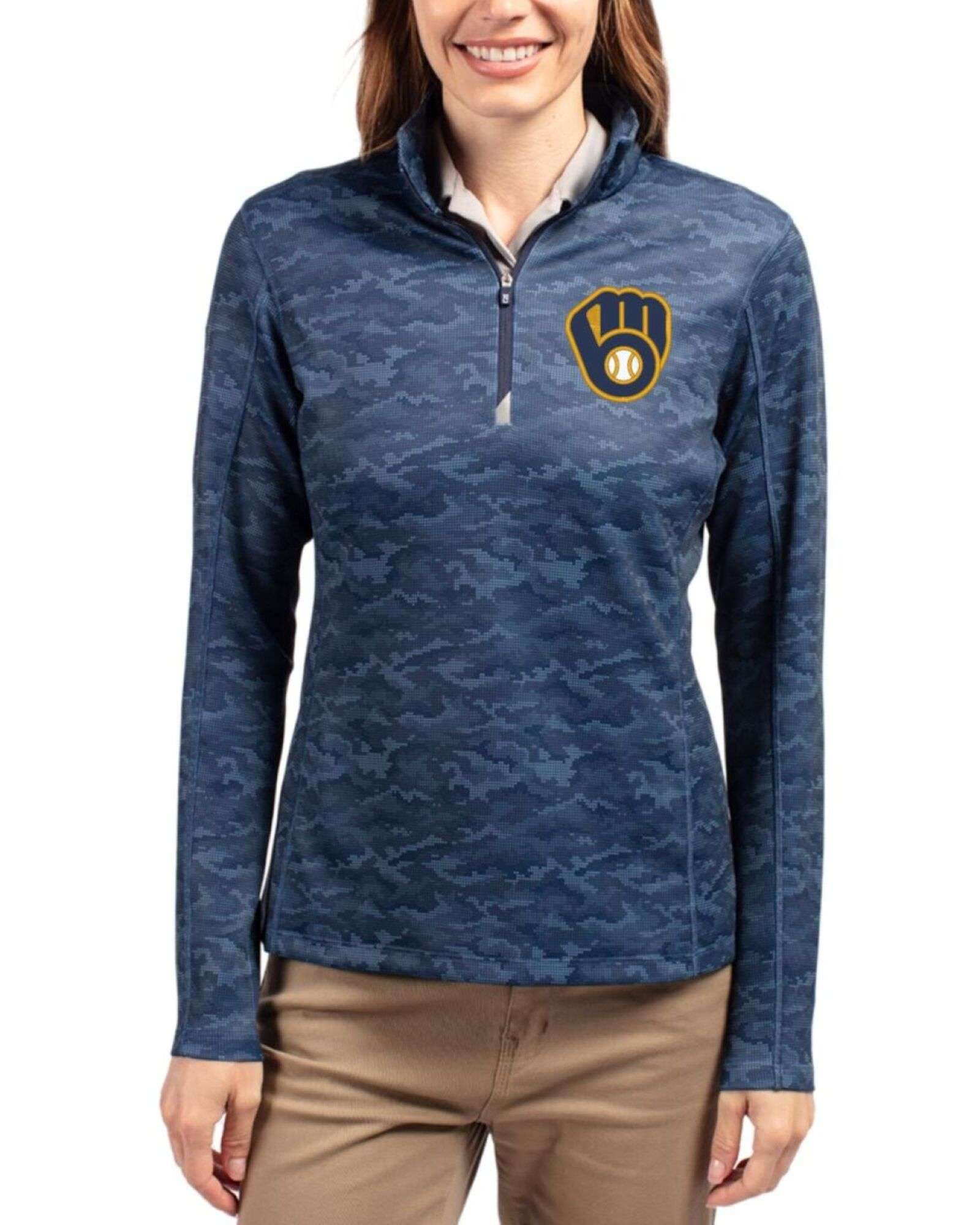 Women's Milwaukee Brewers Cutter & Buck Navy Blue Traverse Stretch Camo Print Quarter Zip