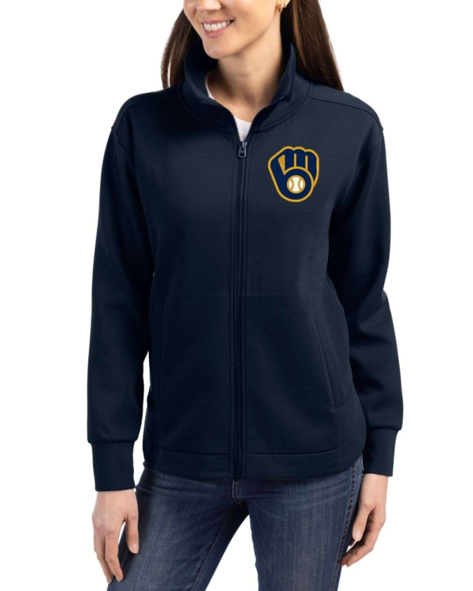 Women's Milwaukee Brewers Cutter & Buck Navy Blue Roam Buttery-Soft Knit Full Zip Jacket