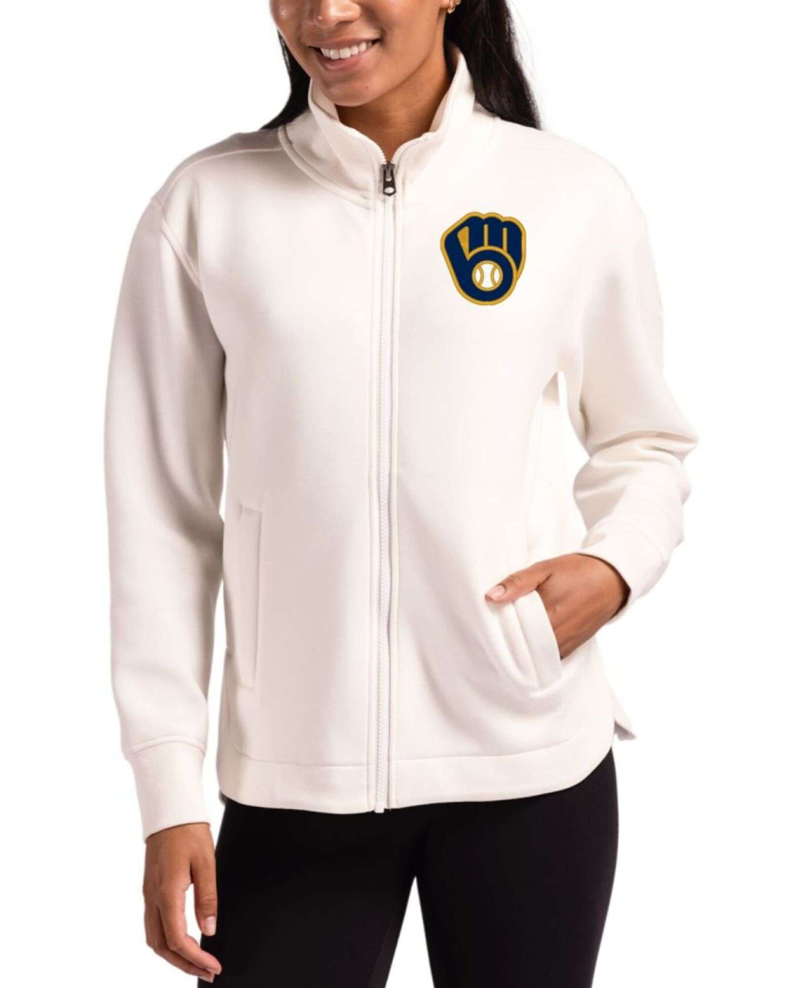 Women's Milwaukee Brewers Cutter & Buck Shell Roam Buttery-Soft Knit Full Zip Jacket