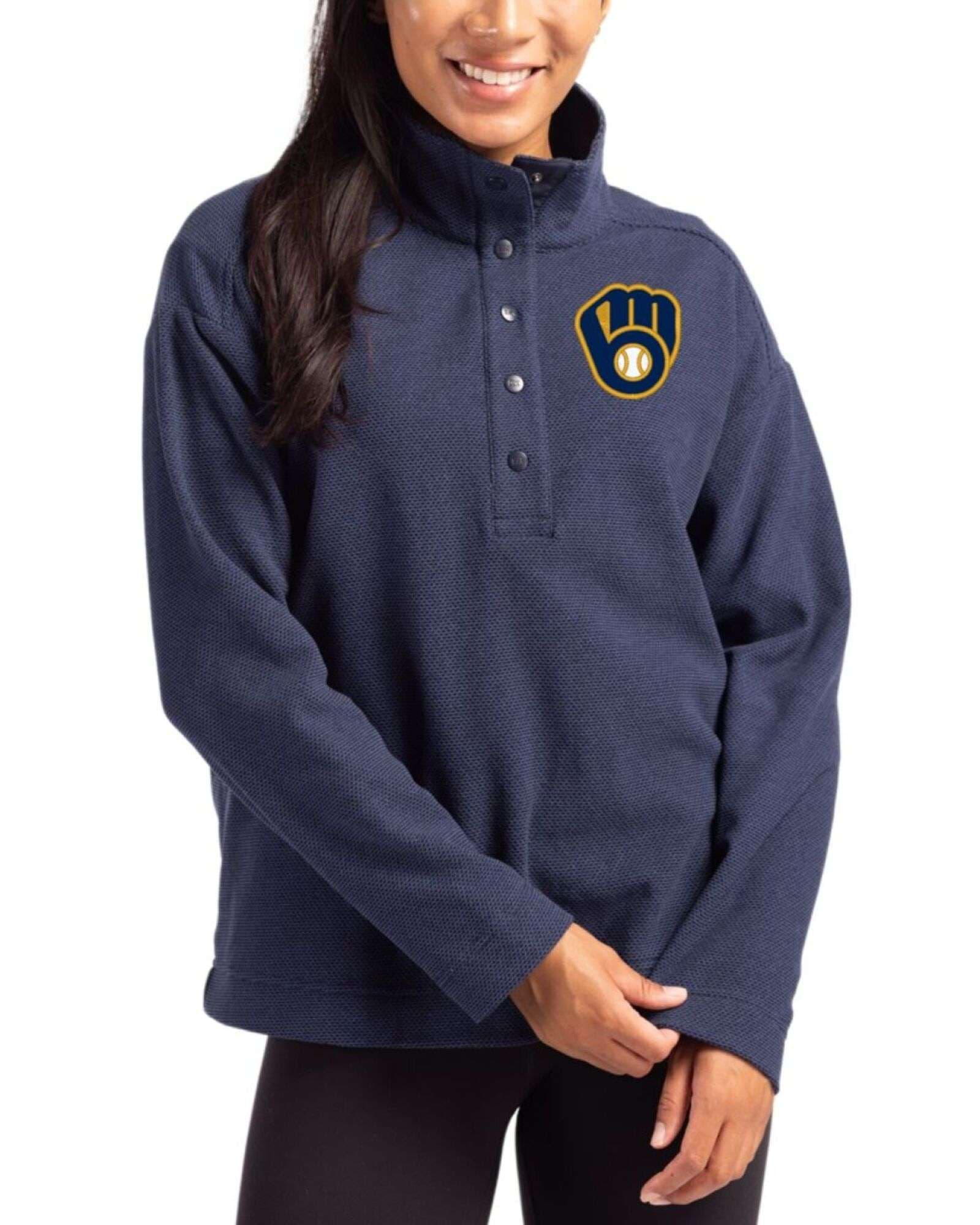 Women's Milwaukee Brewers Cutter & Buck Navy Blue Hunts Point Fleece Hybrid Snap Placket Pullover