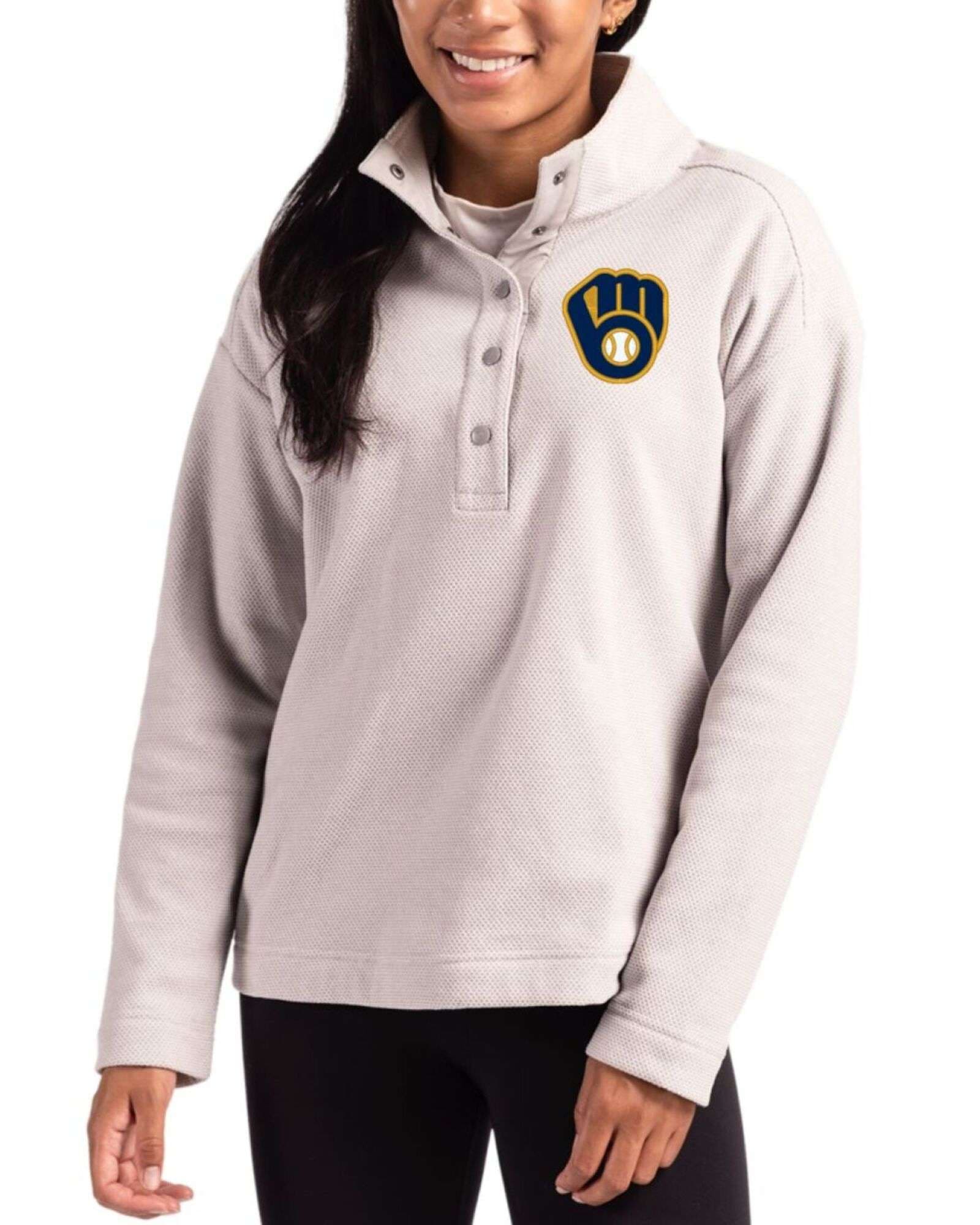Women's Milwaukee Brewers Cutter & Buck Polished Hunts Point Fleece Hybrid Snap Placket Pullover
