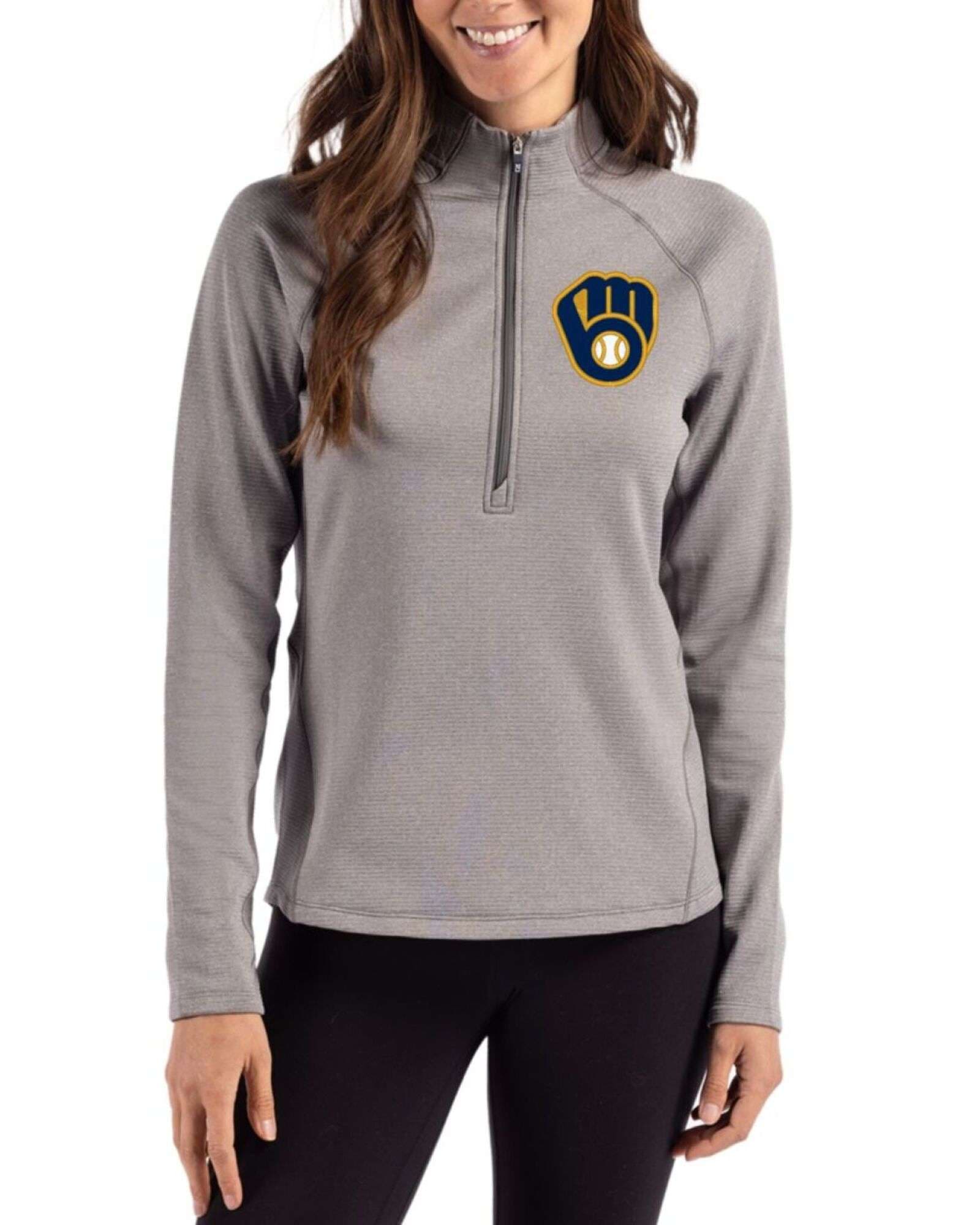 Women's Milwaukee Brewers Cutter & Buck Elemental Grey Heather Peshastin Epic Versatility Fleece Half Zip