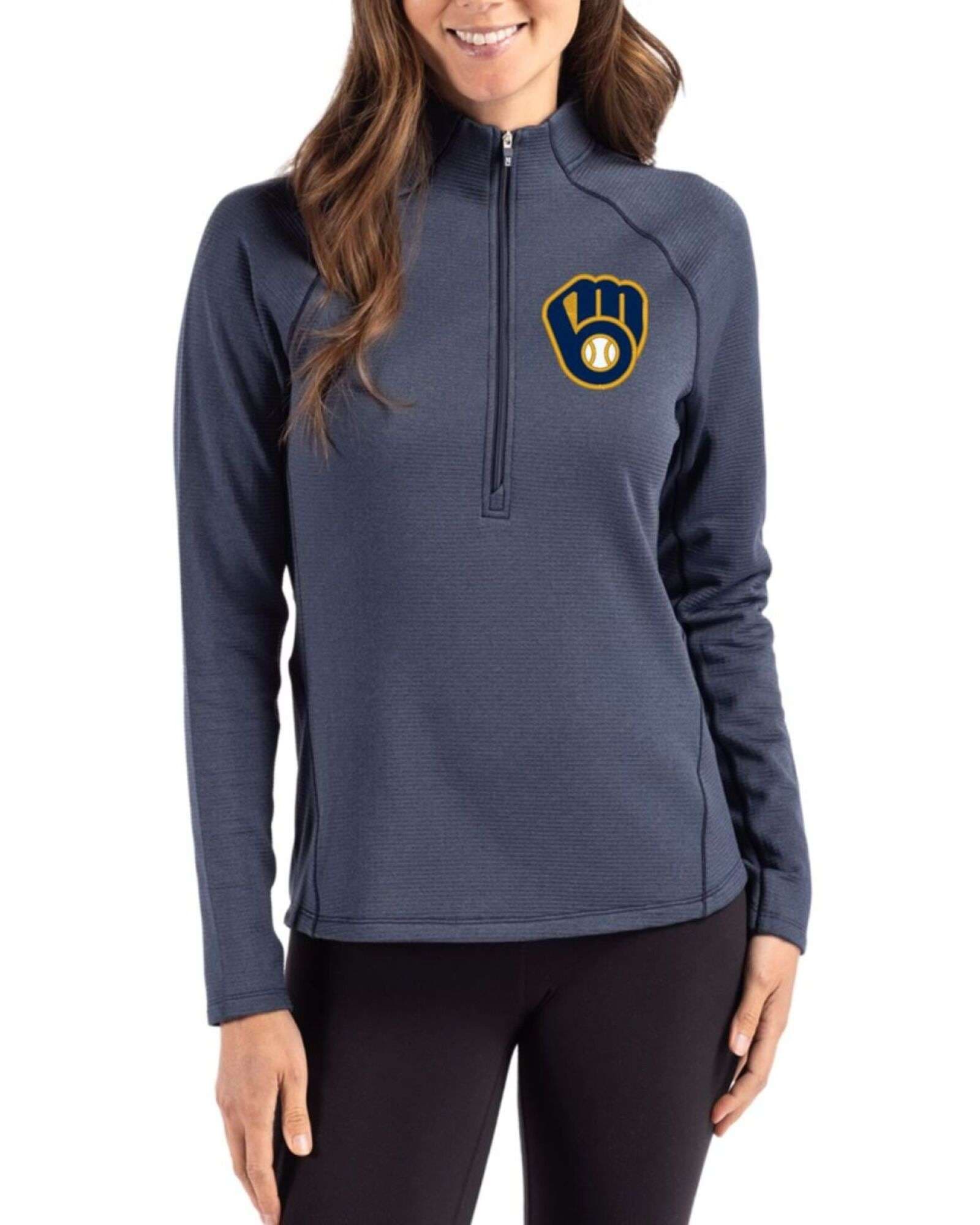 Women's Milwaukee Brewers Cutter & Buck Navy Blue Heather Peshastin Epic Versatility Fleece Half Zip