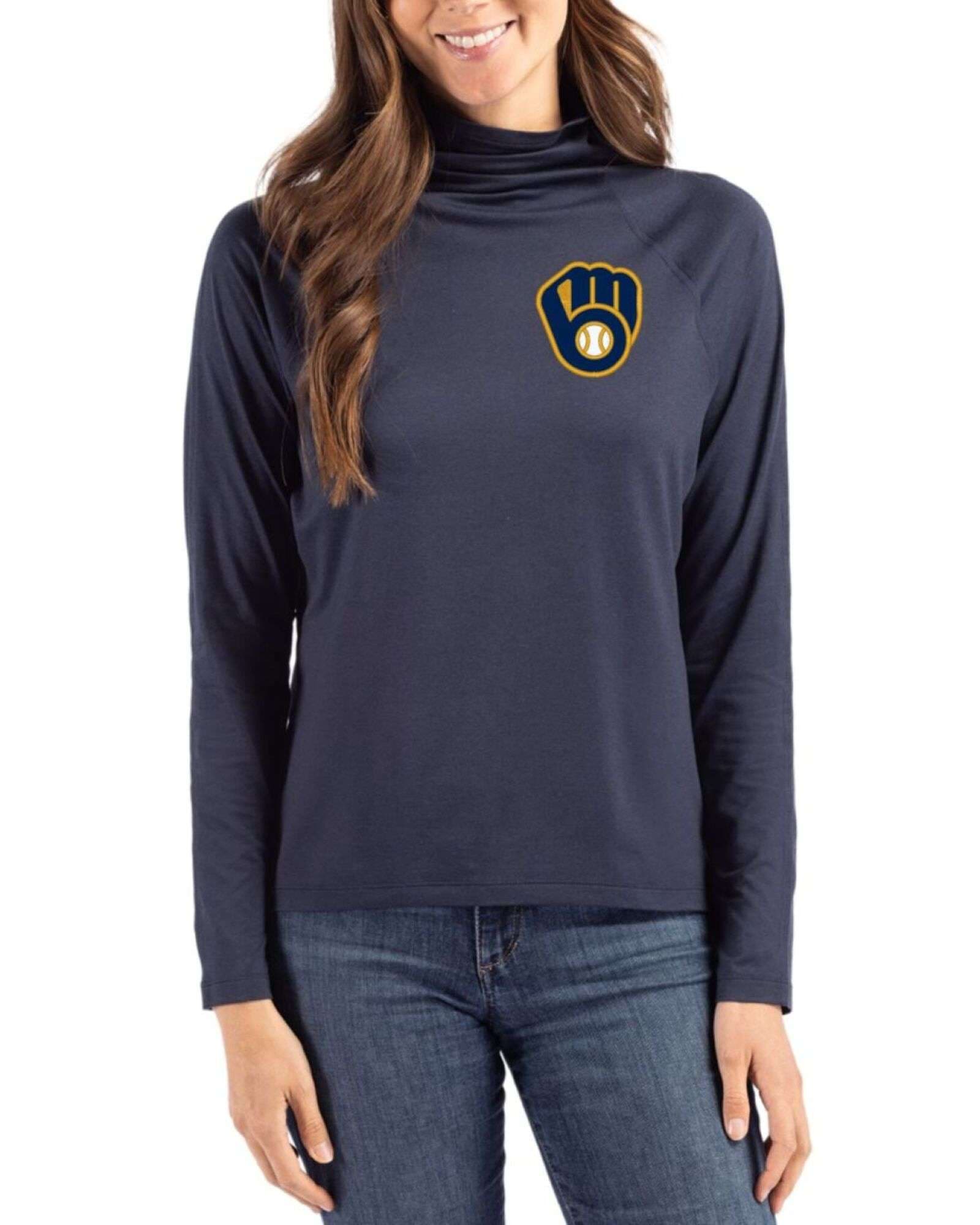 Women's Milwaukee Brewers Cutter & Buck Navy Blue Coastline Double Peached Funnel Neck Pullover