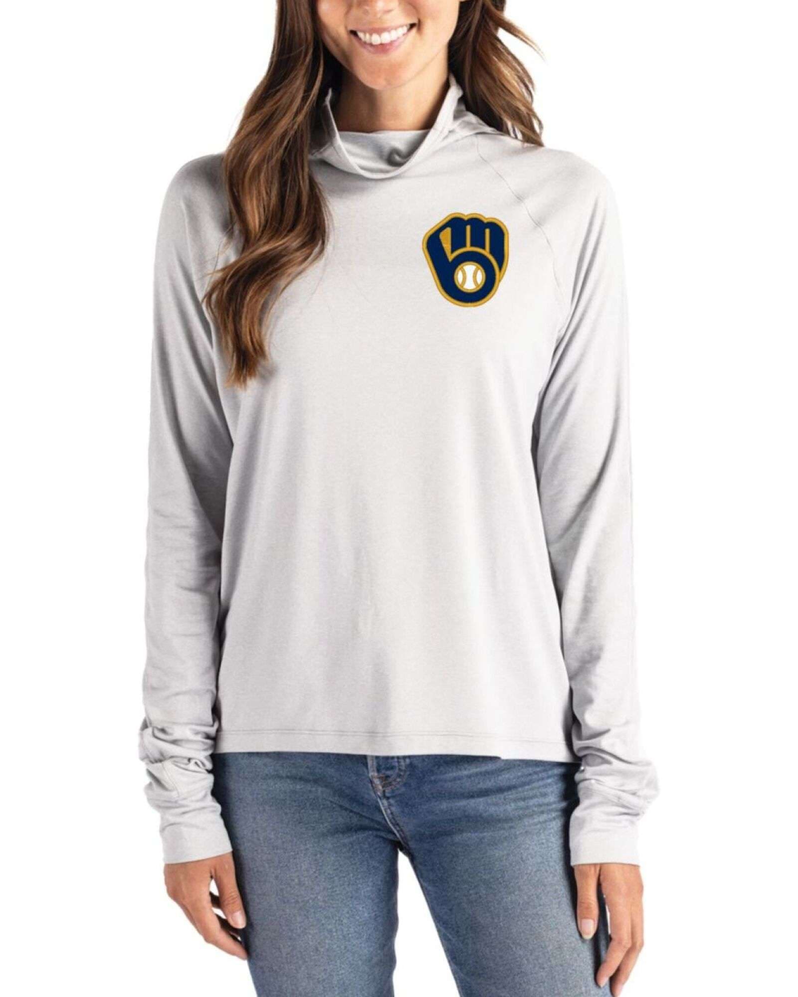 Women's Milwaukee Brewers Cutter & Buck Concrete Coastline Double Peached Funnel Neck Pullover