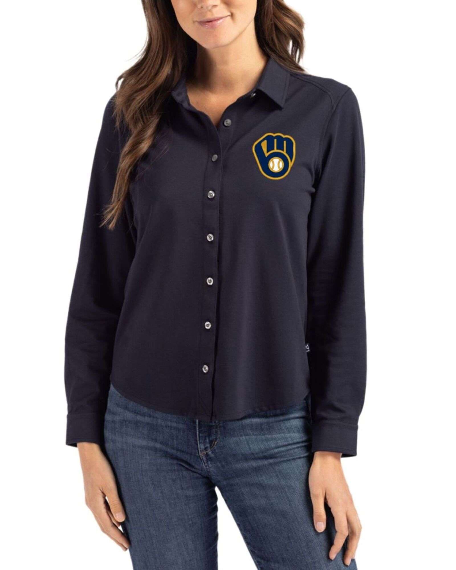 Women's Milwaukee Brewers Cutter & Buck Liberty Navy Advantage Epic Confidence Tri-Blend Pique Long Sleeve Button Down Shirt