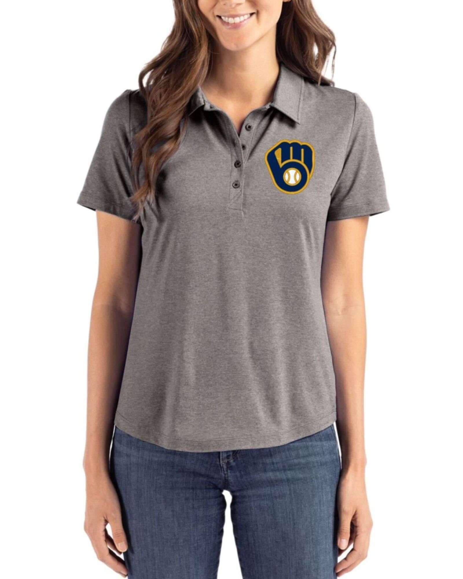 Women's Milwaukee Brewers Cutter & Buck Elemental Grey Coastline Double Peached Polo