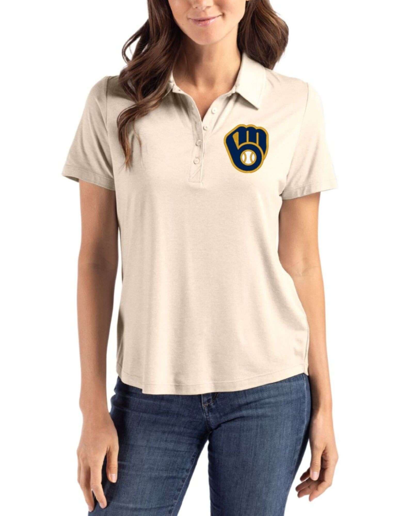 Women's Milwaukee Brewers Cutter & Buck Wheat Coastline Double Peached Polo